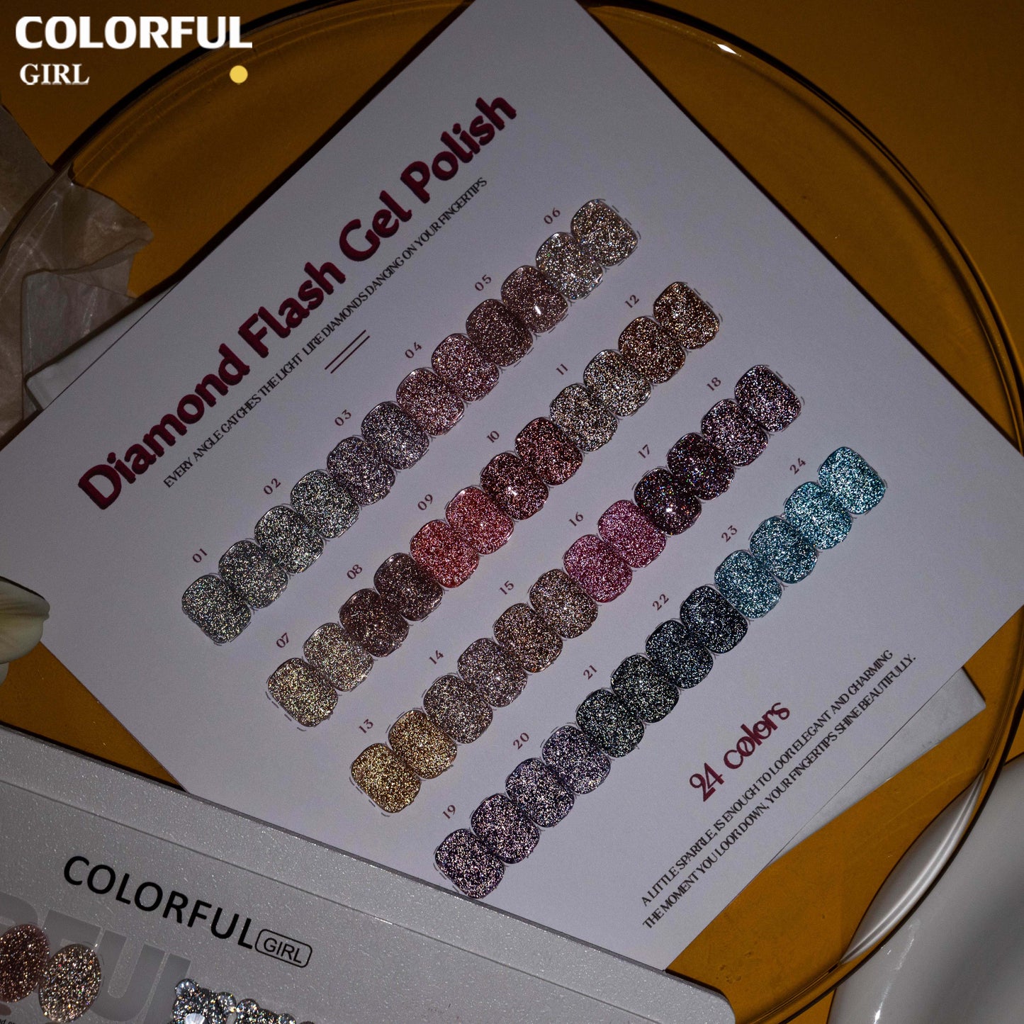 COLORFUL GIRL 24 สีเจลแฟลช ✨ พาเลทสีเล็บกลิตเตอร์เพชร｜ฟีลลูกแก้วมุกฉ่ำวาว｜โทนสีเล็บประกายแสงเหมือนทางช้างเผือก｜อุปกรณ์ทำเล็บมืออาชีพ💅