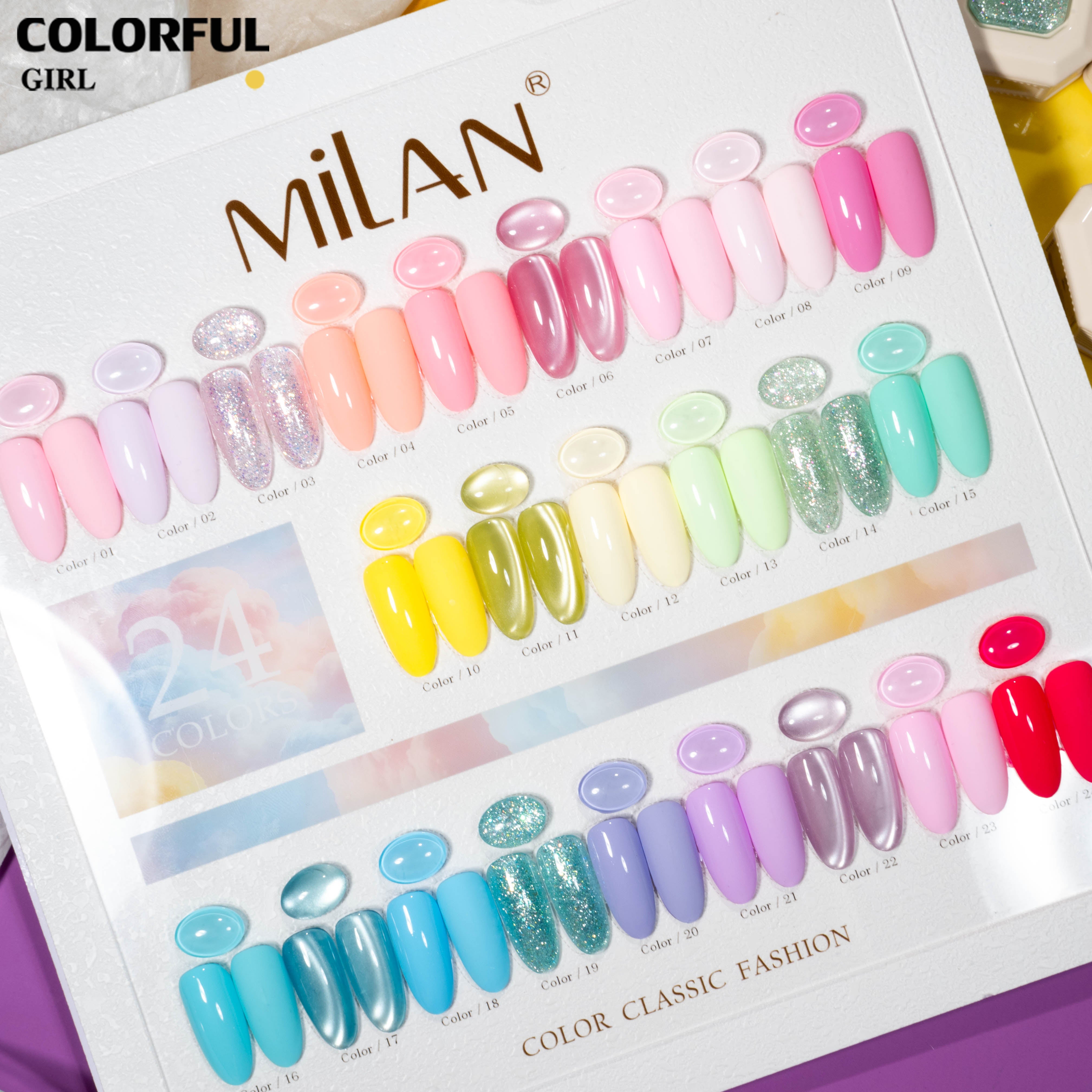 ชุดสีเจล MILAN มาการอง 24 สี โทนลูกกวาดสุดละมุน รวมสีเจลแฟลช สีเจลแคทอาย สีเจลไซรัป สีเจลแคทอายเนื้อซาติน และสีเจลสีพื้น (ทามาให้แล้ว พร้อมใช้งาน) ชุดเจลทำเล็บ UV/LED สำหรับงานทำเล็บสุดคิ้วท์และดูหรูในเซ็ตเดียว ✨