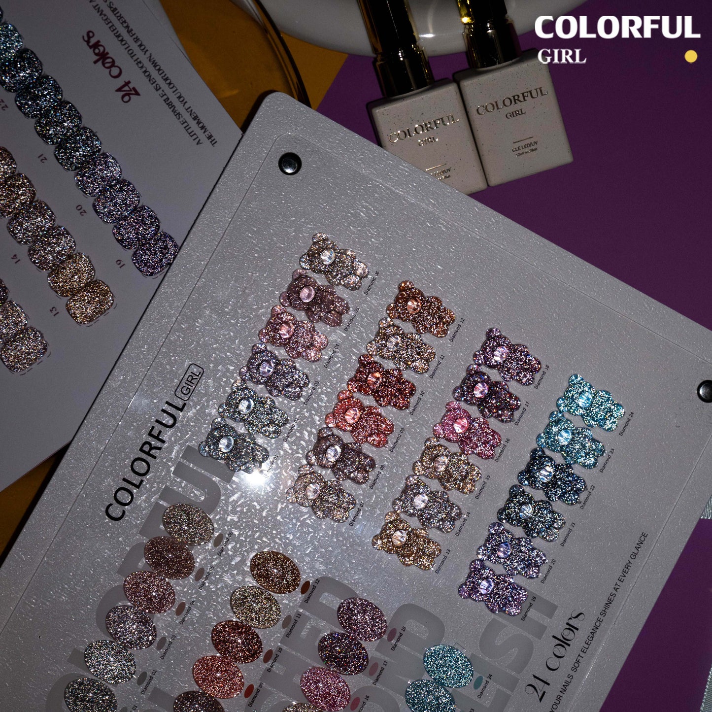 COLORFUL GIRL 24 สีเจลแฟลช ✨ พาเลทสีเล็บกลิตเตอร์เพชร｜ฟีลลูกแก้วมุกฉ่ำวาว｜โทนสีเล็บประกายแสงเหมือนทางช้างเผือก｜อุปกรณ์ทำเล็บมืออาชีพ💅