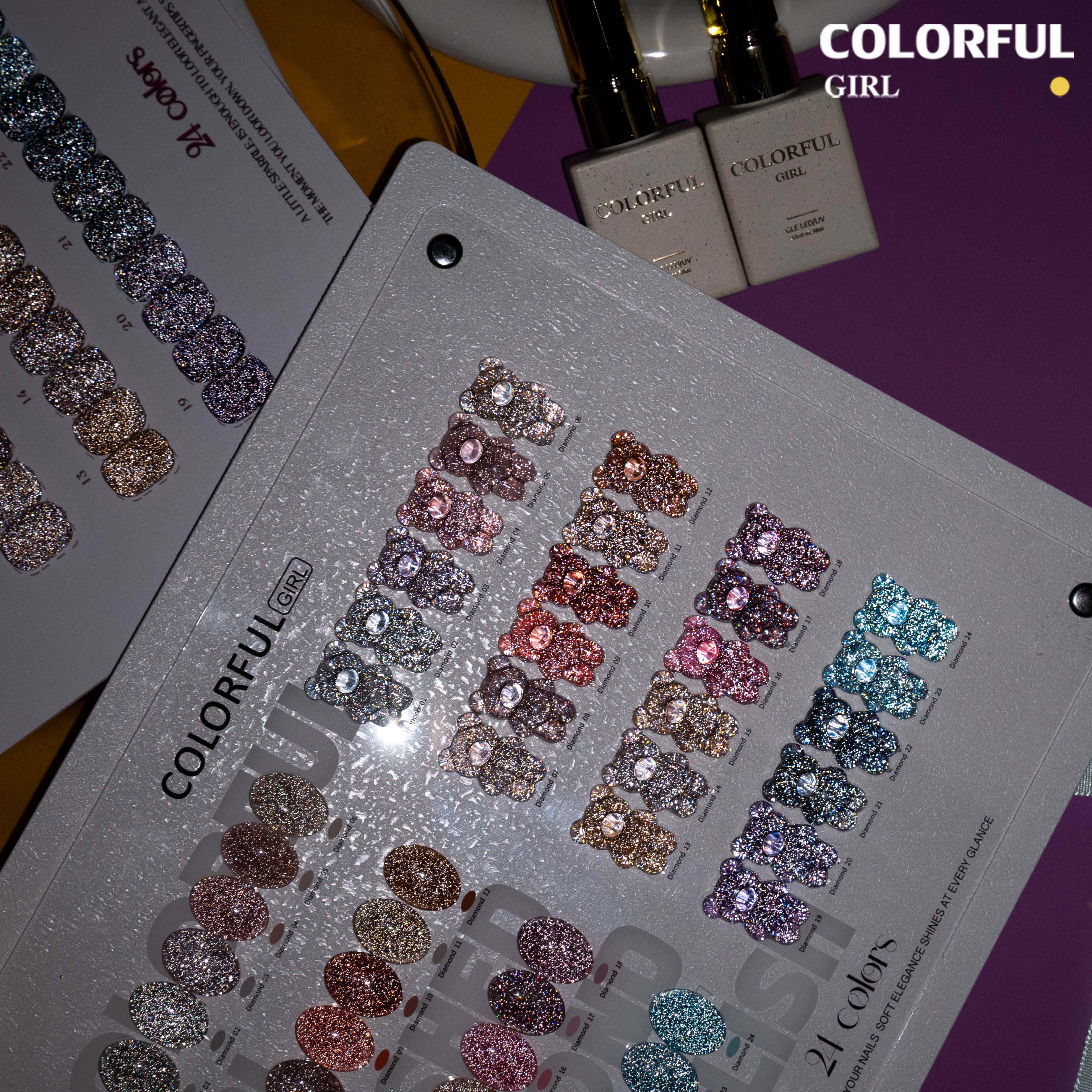 COLORFUL GIRL 24 สีเจลแฟลช ✨ พาเลทสีเล็บกลิตเตอร์เพชร｜ฟีลลูกแก้วมุกฉ่ำวาว｜โทนสีเล็บประกายแสงเหมือนทางช้างเผือก｜อุปกรณ์ทำเล็บมืออาชีพ💅