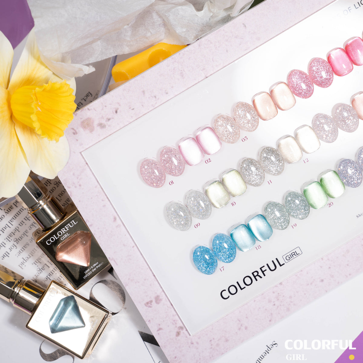 【พร้อมส่ง】Colorful Girl  สีเจลแฟลชและสีเจลแคทอาย   24 สี  . เจลลูกแก้วสะท้อนแสง กากเพชรวิบวับ เล่นแสงสวย สีทาเล็บเจล อบด้วยไฟ UV/LED เลือกสีได้  (พร้อมใช้งาน) ✨