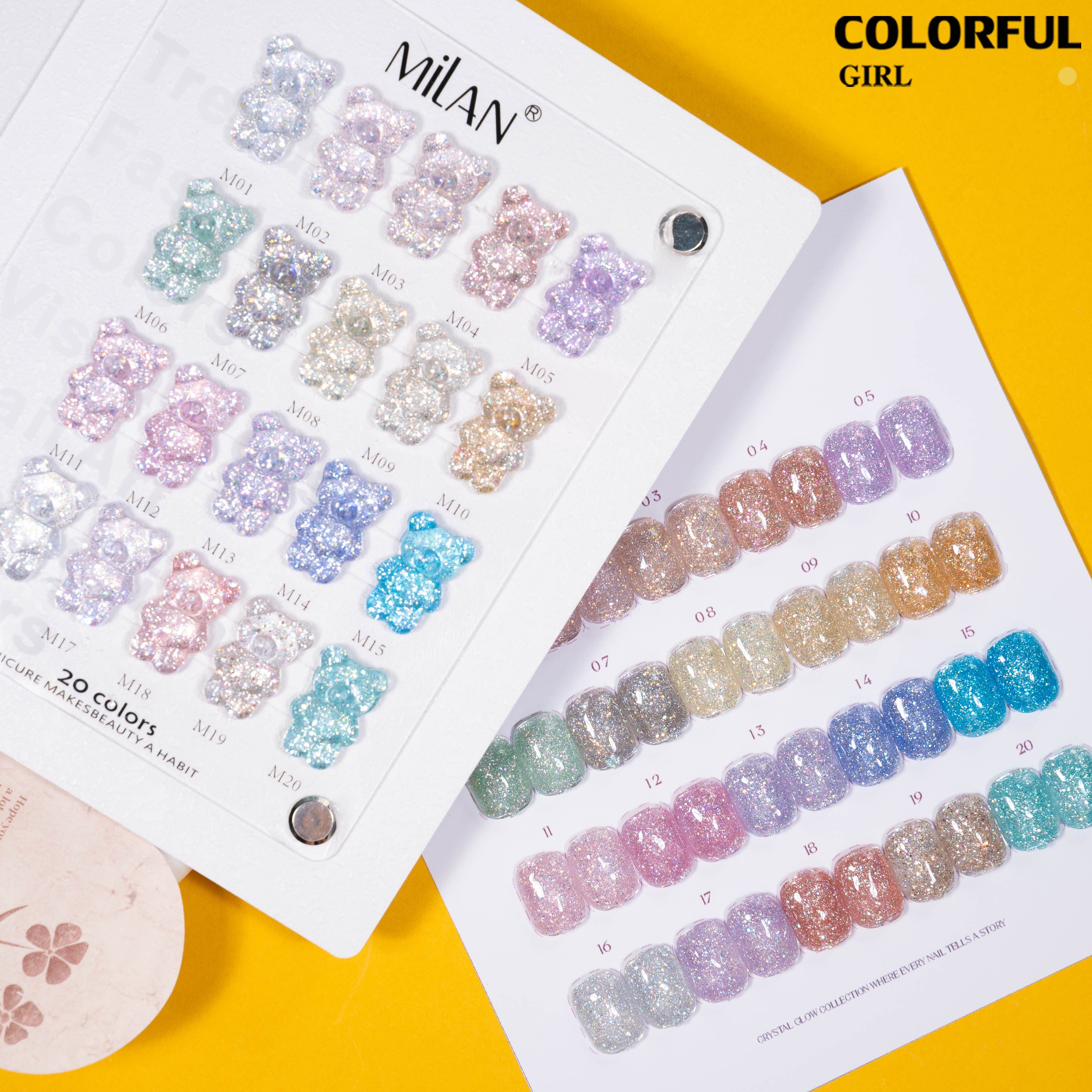 MILAN เจลกลิตเตอร์ประกายเพชร 20 สี ✨｜เอฟเฟกต์กลิตเตอร์ละเอียดเหมือนเพชร｜กลางวันเป็นประกายระยิบระยับ｜กลางคืนเล่นแสงสวยเหมือนเพชร｜เจลทาเล็บเจลลุคหรู｜มีชาร์ทสีสำเร็จรูป พร้อมใช้งาน