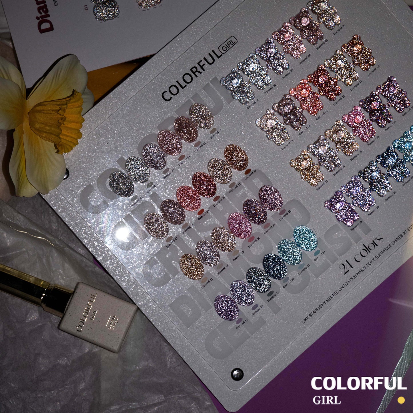 COLORFUL GIRL 24 สีเจลแฟลช ✨ พาเลทสีเล็บกลิตเตอร์เพชร｜ฟีลลูกแก้วมุกฉ่ำวาว｜โทนสีเล็บประกายแสงเหมือนทางช้างเผือก｜อุปกรณ์ทำเล็บมืออาชีพ💅