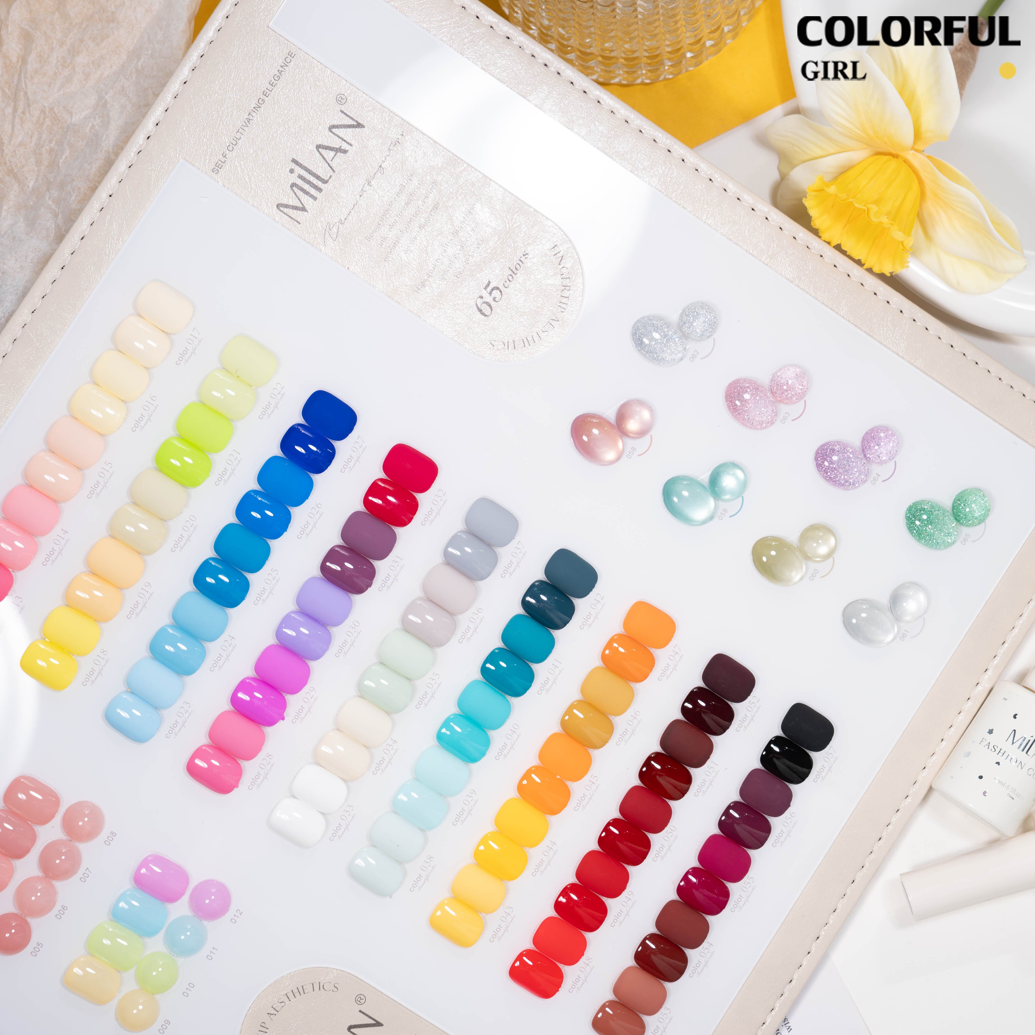 【พร้อมส่ง】Milan สีเจล 65 สี ชุดสำหรับเปิดร้านทำเล็บ สีเจลกลิตเตอร์ สีเจลสีพื้น สีเจลไซรัป สีเจลแคทอาย ครบในชุดเดียว พร้อมชาร์ตสีและชาร์ตโชว์สี