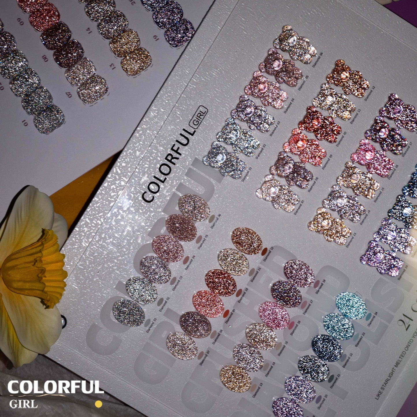 COLORFUL GIRL 24 สีเจลแฟลช ✨ พาเลทสีเล็บกลิตเตอร์เพชร｜ฟีลลูกแก้วมุกฉ่ำวาว｜โทนสีเล็บประกายแสงเหมือนทางช้างเผือก｜อุปกรณ์ทำเล็บมืออาชีพ💅