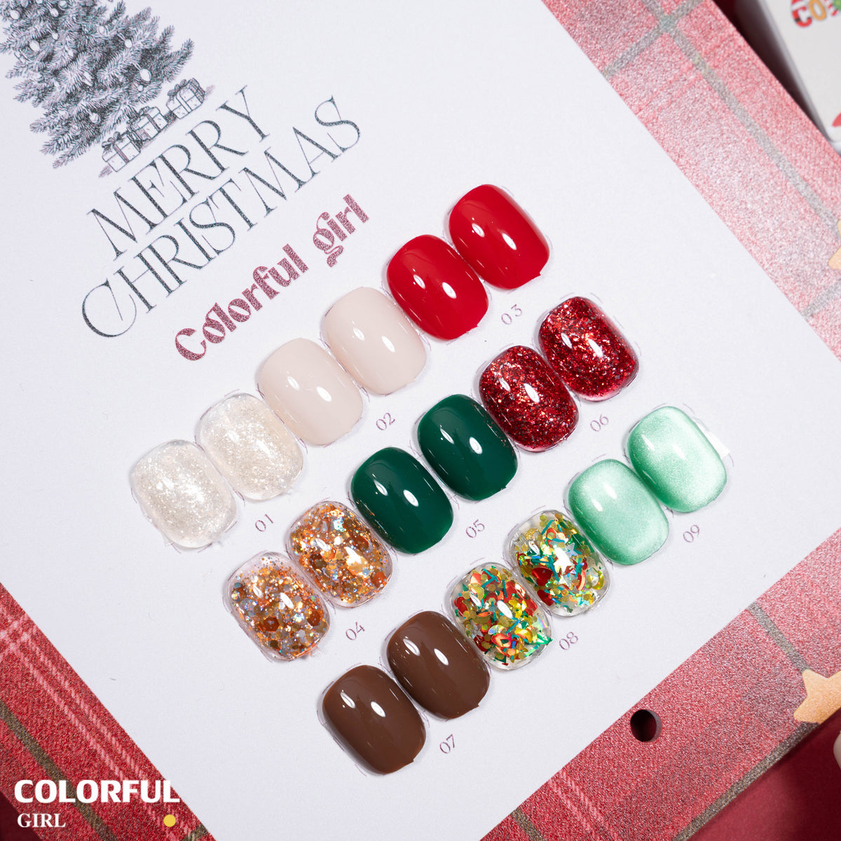 【พร้อมส่ง】🎄Colorful Girl เซ็ตเจลคริสต์มาส 9 สี✨ สีเจลกากเพชรวิ้งแน่น เจลแฟลช เจลแคทอาย เจลกลิตเตอร์ เนื้อซาติน สีสวยหรูหรา เหมาะสำหรับเทศกาลคริสต์มาส 💅 แถมฟรีชาร์ตสี