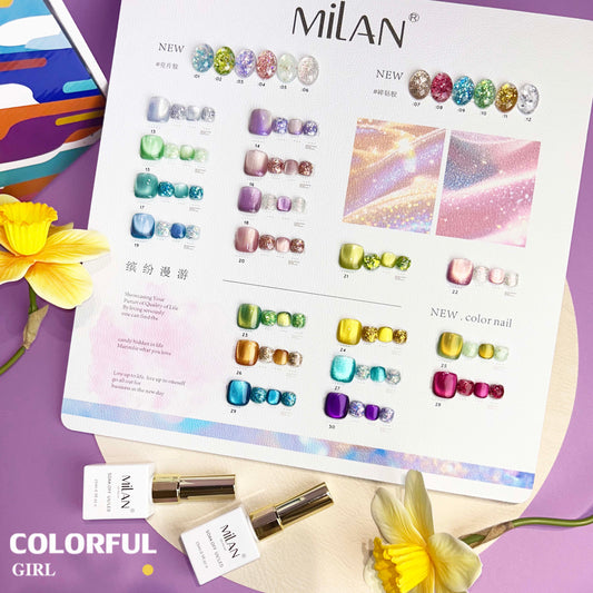 【พร้อมส่ง】MILAN 30 สี (18 สีเจลแคทอาย + 12 สีเจลกลิตเตอร์) ฟรีชาร์ตสี Cat Eye เจลแคทอายเนื้อซาติน + เจลกลิตเตอร์ (ทาชาร์ตสีมาให้แล้ว)