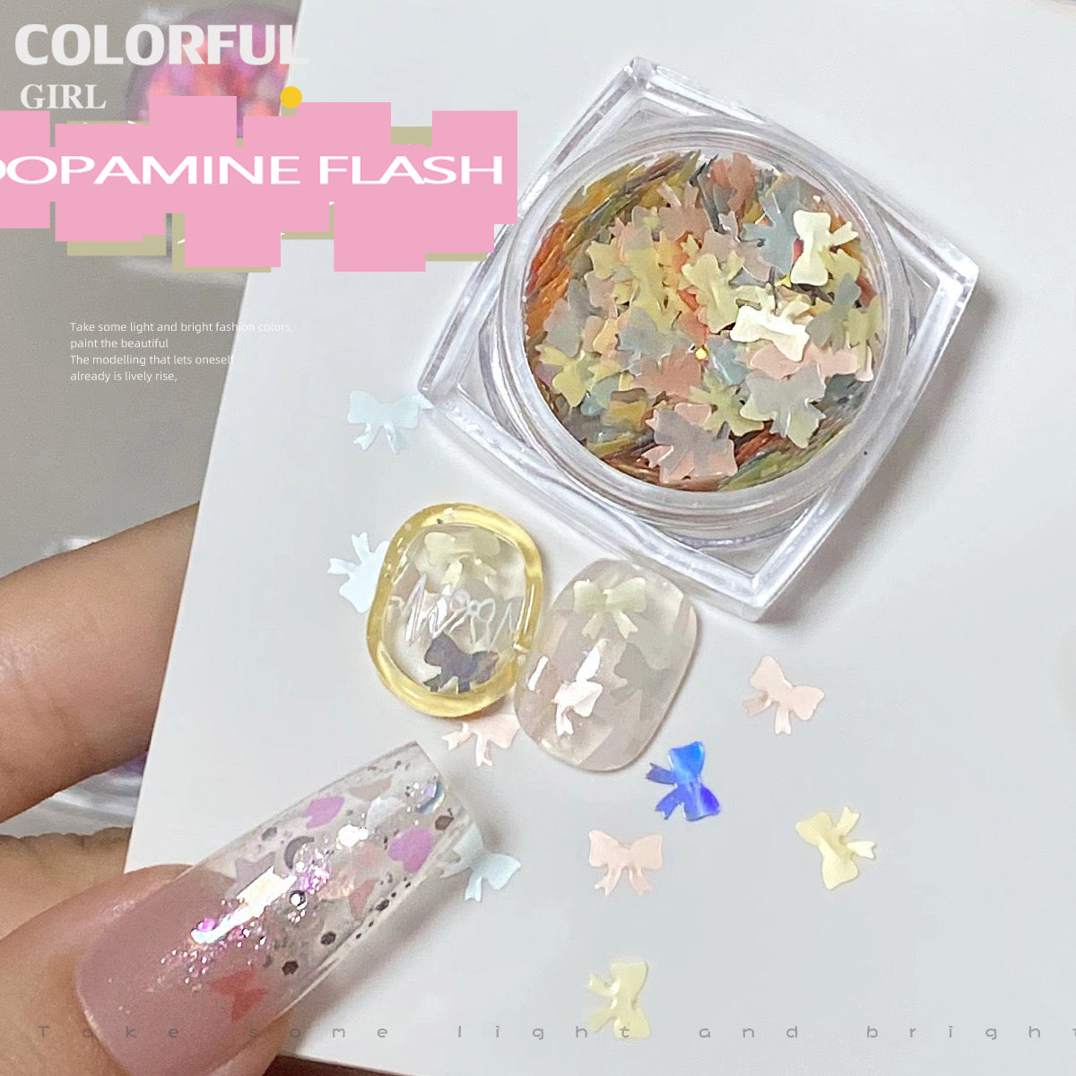 เล็บเลื่อมที่มีสีสัน หัวใจสีชมพูดอกไม้ Bow Moon น่ารัก Girly เล็บ Art DIY Charms ตกแต่งหวาน Critical Strike เล็บเลื่อมตกแต่งเล็บ