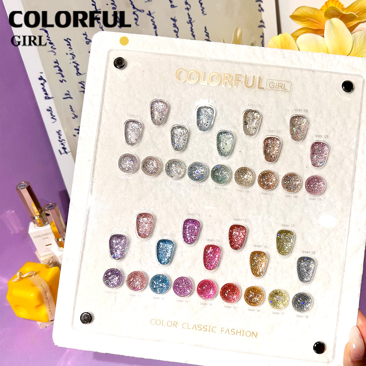 【พร้อมส่ง】สีสีเจล COLORFUL GIRL สีกากเพชร+เลเซอร์แฟลช 18 สี แถม ชาร์ทสี(COLORFUL GIRL) สีเจลแฟลช แผนภูมิอะคริลิกสำเร็จรูปฟรี