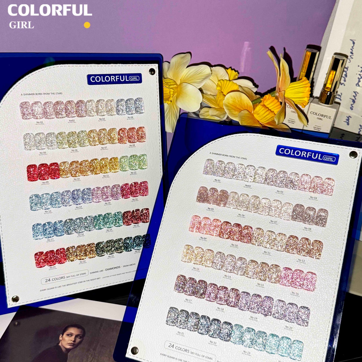Colorful Girl สีเจลแฟลช 24 สี  สีแฟลช สีแน่นสวย ประกายเด่นชัด   มีให้เลือก 2 โทนสี — โทนเข้ม & โทนอ่อน  แถมฟรีชาร์ทสี