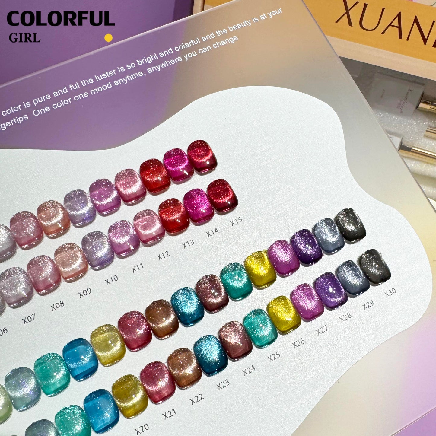 【พร้อมส่ง】สีเจลแคทอาย Xuanfeier30สี  สีลูกแก้ว ฟรีชาร์ทสี Cat eye   แม่เหล็ก เอฟเฟกต์มันเงามาก