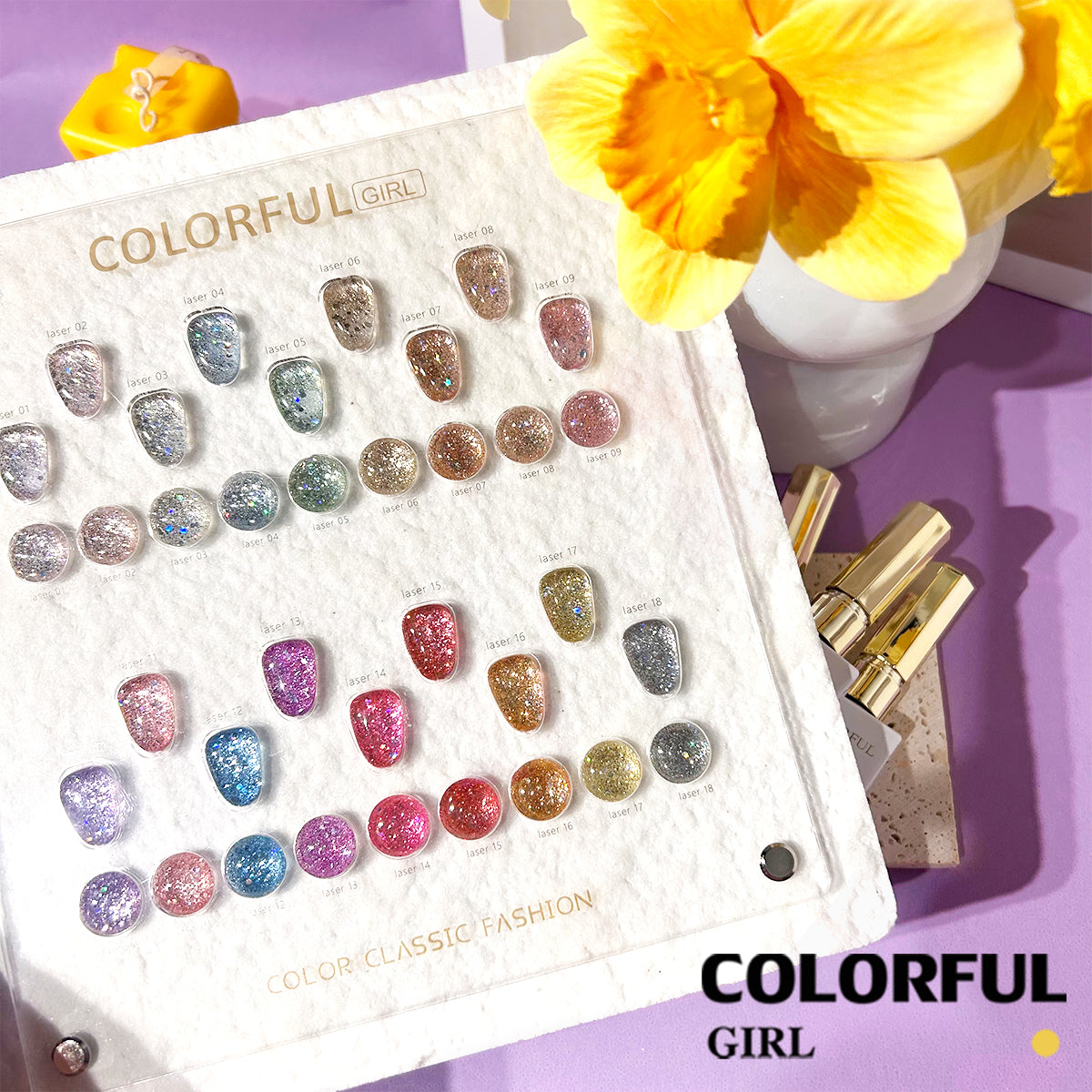 【พร้อมส่ง】สีสีเจล COLORFUL GIRL สีกากเพชร+เลเซอร์แฟลช 18 สี แถม ชาร์ทสี(COLORFUL GIRL) สีเจลแฟลช แผนภูมิอะคริลิกสำเร็จรูปฟรี