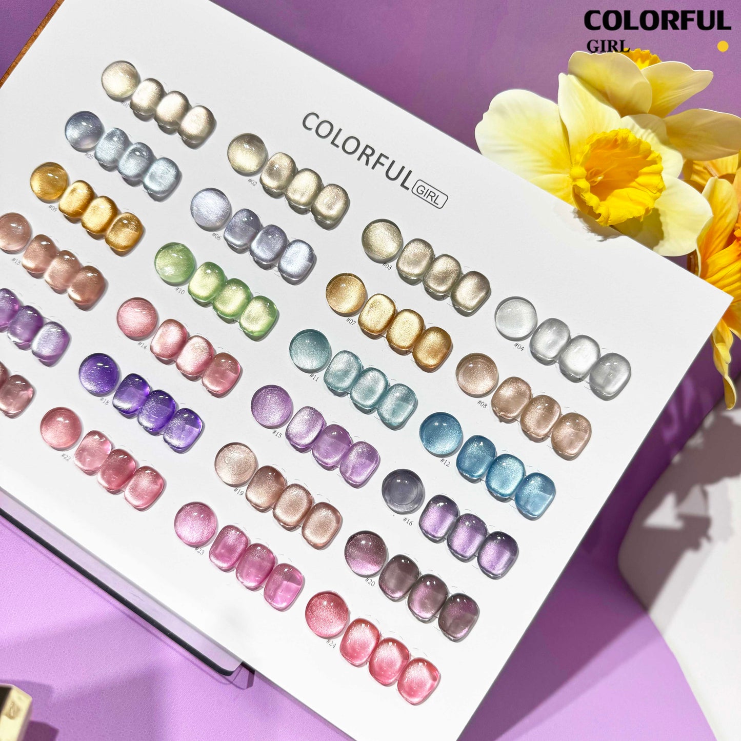 【พร้อมส่ง】Colorful Girl 24สี เจลแคทอายผิวซาตินมุก เนื้อเจลแคทอาย ซาติน 24สี สีลูกแก้ว พร้อมแถมชาร์ทสี (ทาให้แล้ว) สีสวย เงางาม เม็ดสีแน่นชัด
