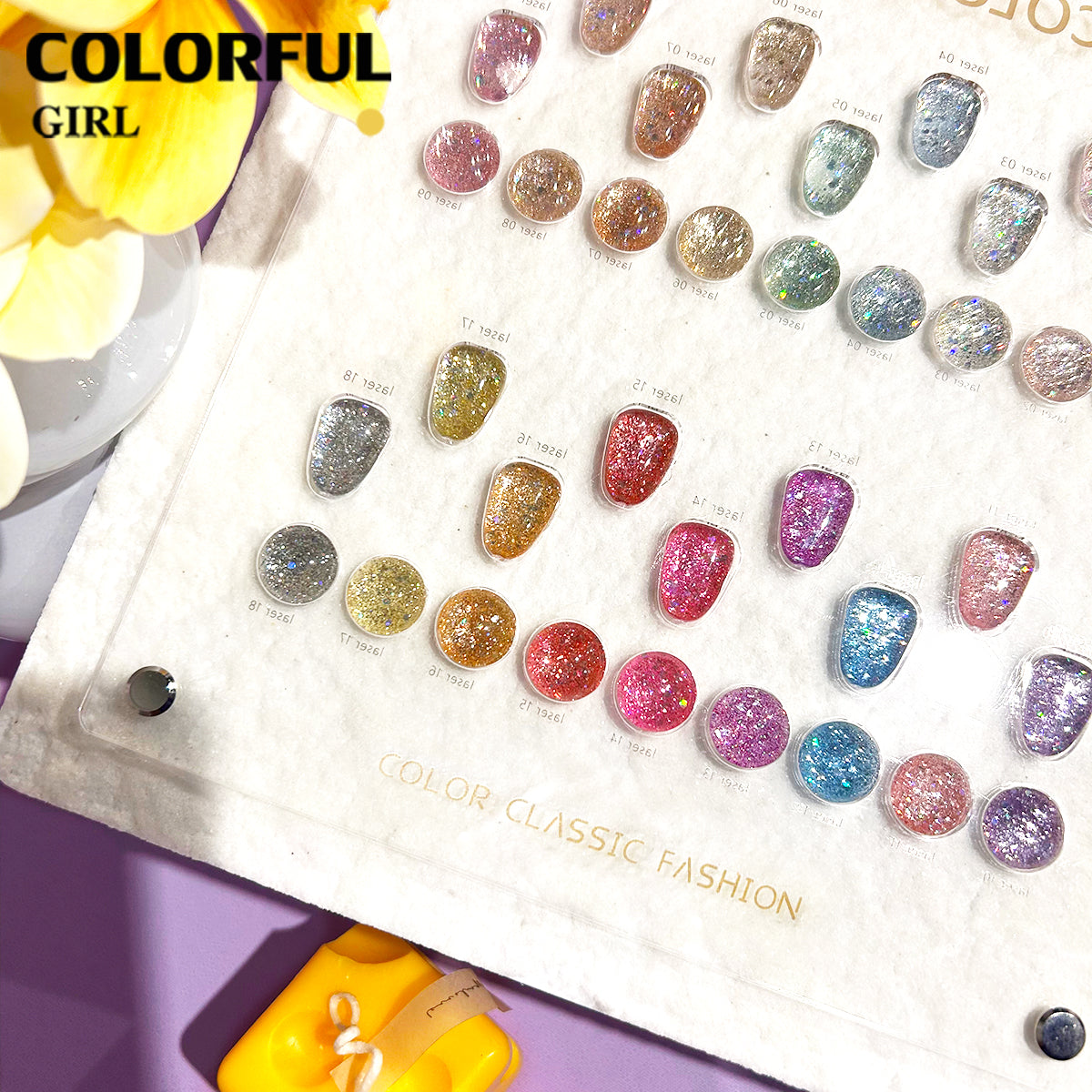 【พร้อมส่ง】สีสีเจล COLORFUL GIRL สีกากเพชร+เลเซอร์แฟลช 18 สี แถม ชาร์ทสี(COLORFUL GIRL) สีเจลแฟลช แผนภูมิอะคริลิกสำเร็จรูปฟรี