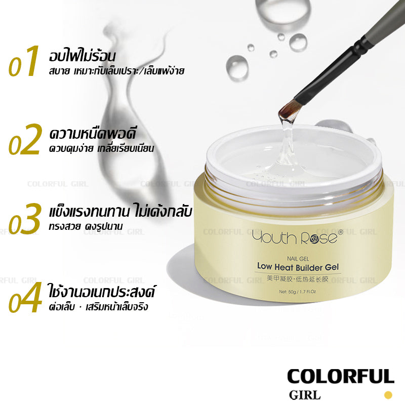 Youth Rose เจลต่อเล็บ 30g/50g ✦ ไม่ร้อนหน้าเล็บ ✦  เจลใสปั้นนูน ✦ แบบกระปุก 3-in-1 · ต่อเล็บรวดเร็ว · ขึ้นรูปง่าย · มือใหม่ก็ทำได้