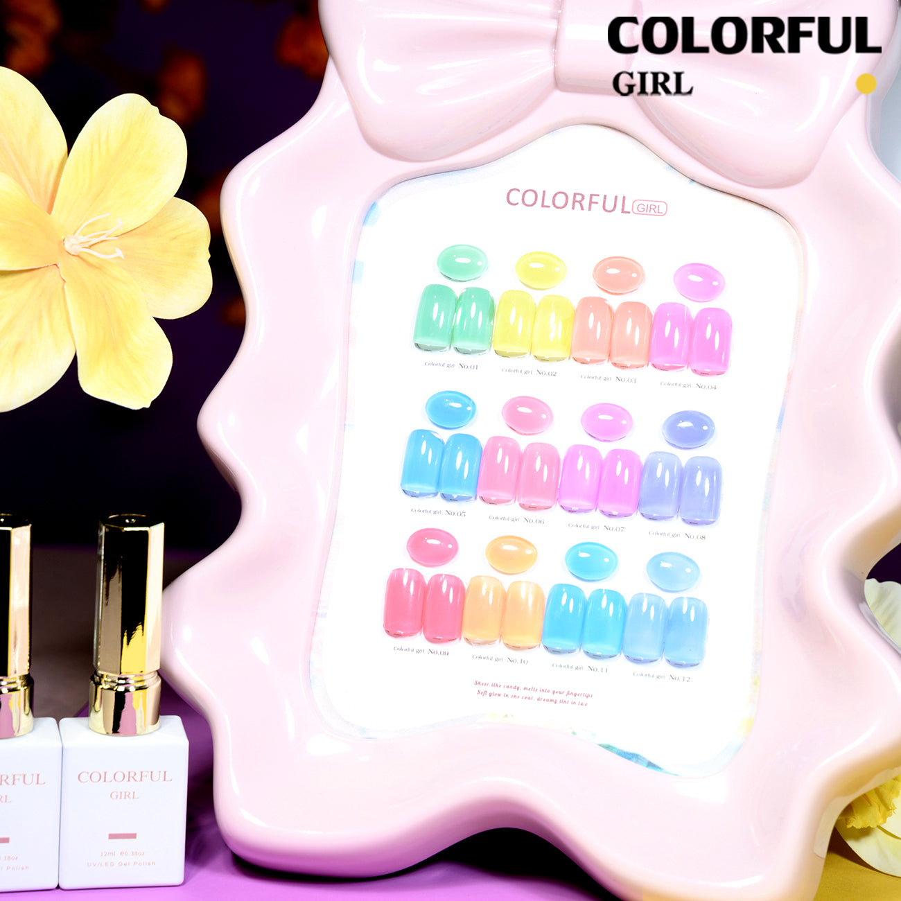 🔥 สินค้าขายดี | 【พร้อมส่ง】COLORFUL GIRL สีเจลไซรัป โทนเบบี้นมใส เนื้อนมละมุน กึ่งโปร่งแสง สีชัดสวย 12 สี (ทามาให้แล้ว พร้อมใช้งาน) ชาร์ตสีเจลสำหรับร้านทำเล็บ