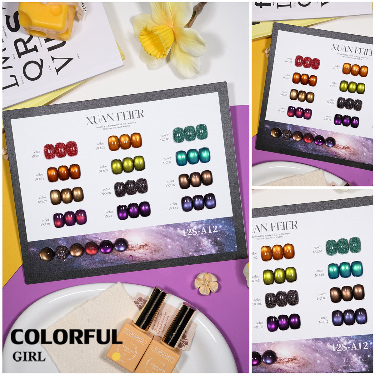 XUANFEIER สีเจลเซ็ตใหม่ 12 สี สีเจลกลิซเตอร์ สีเจลแคทอายเนื้อซาติน, สีเจลแฟลช, แถมฟรีชาร์ทสี ทุกรุ่น