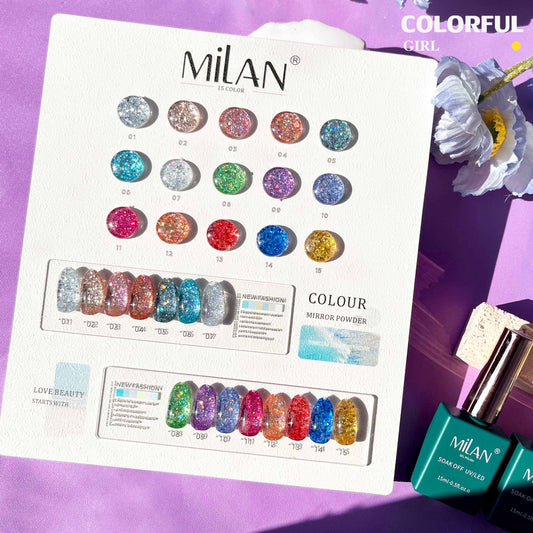 【พร้อมส่ง】MILAN 15สี  สีเจล สีเจลแฟลช15สี สีเจลกลิซเตอร์  แถม ชาร์ทสี