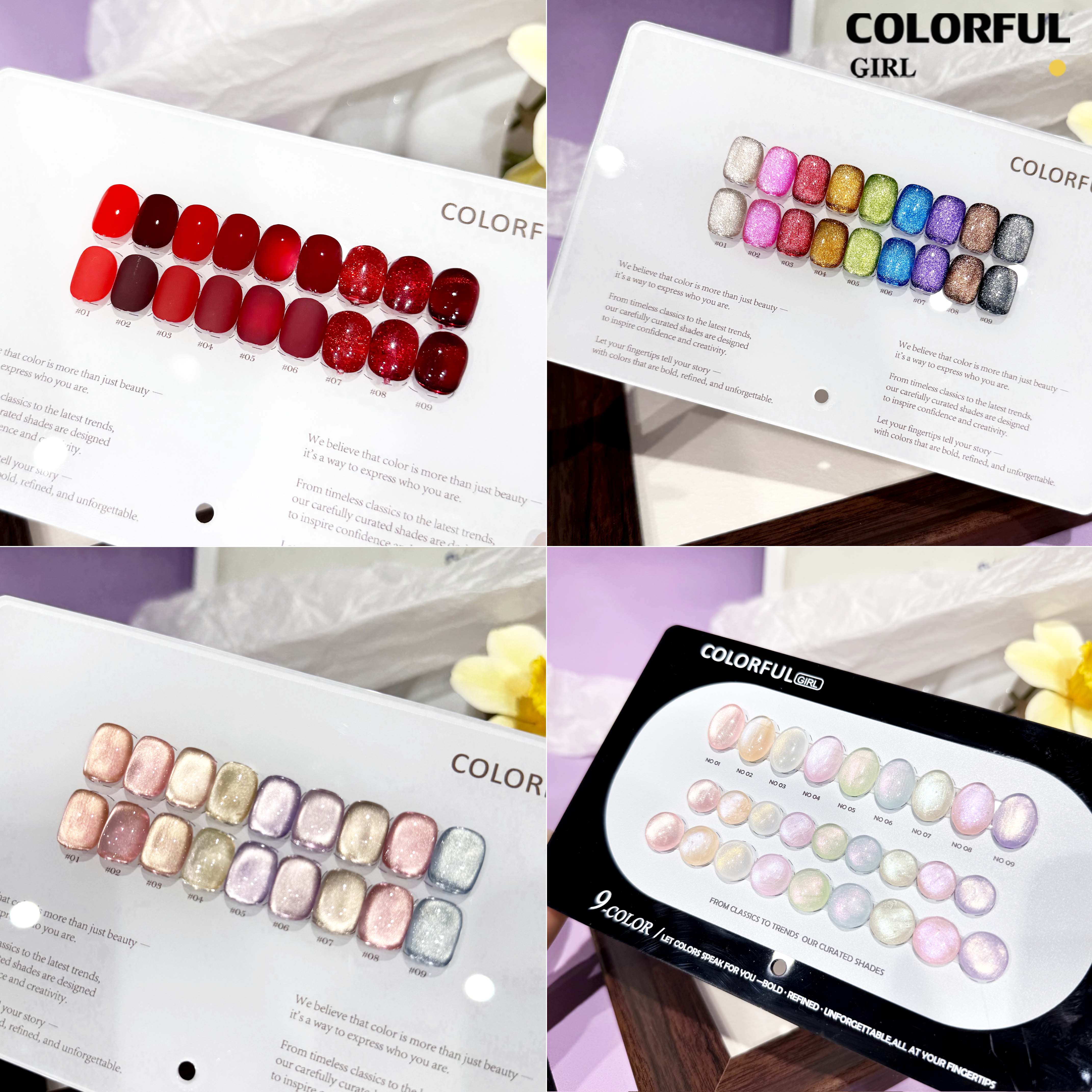 Colorful Girl เซ็ตใหม่ 9 สี! สีเจลแคทอายเนื้อซาติน, สีเจลแฟลช, สีเจลแคทอาย/สีลูกแก้ว เปลือกหอยออโรร่าและกลิตเตอร์แฟลช แถมฟรีชาร์ทสี