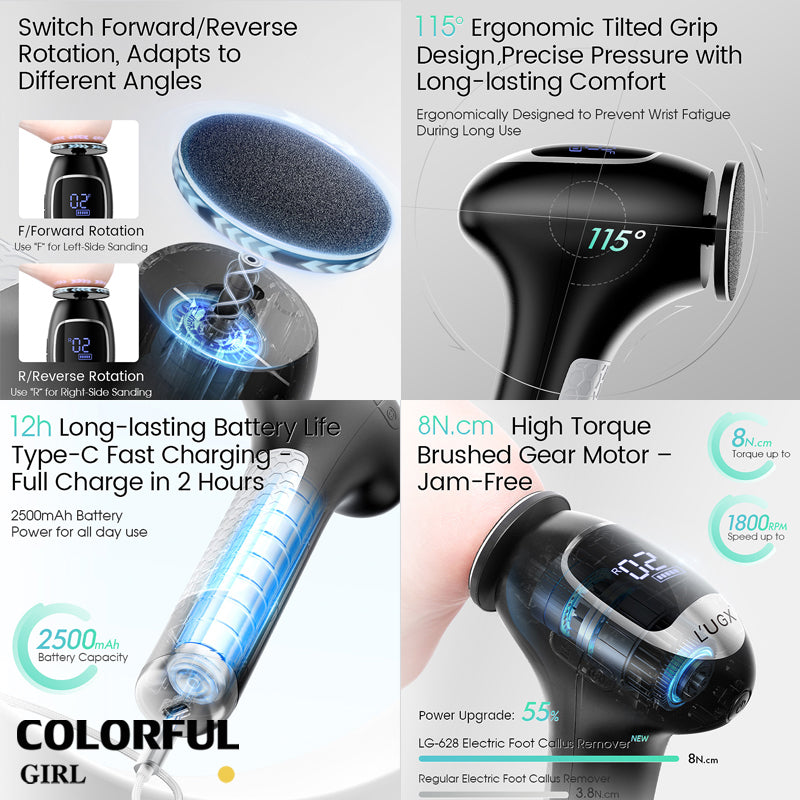 LUGX LG-628 เครื่องขัดเท้าไฟฟ้า ปรับระดับได้ 3 ระดับ ขัดส้นเท้า ผิวด้าน หนังกำพร้า แบต 2500mAh ใช้ได้ 8–10 ชม. เครื่องขัดส้นเท้าไฟฟ้าอัจฉริยะ
