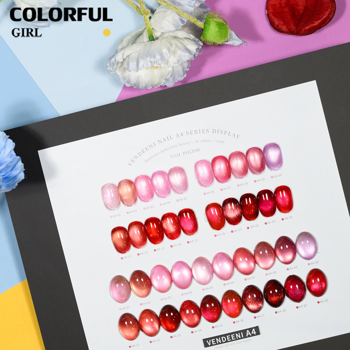Vendeeni A4 20สี สีเจลแคทอายเนื้อซาติน+สีเจลแค  ลูกแก้วสีชมพู | ฟรีชาร์ทสี