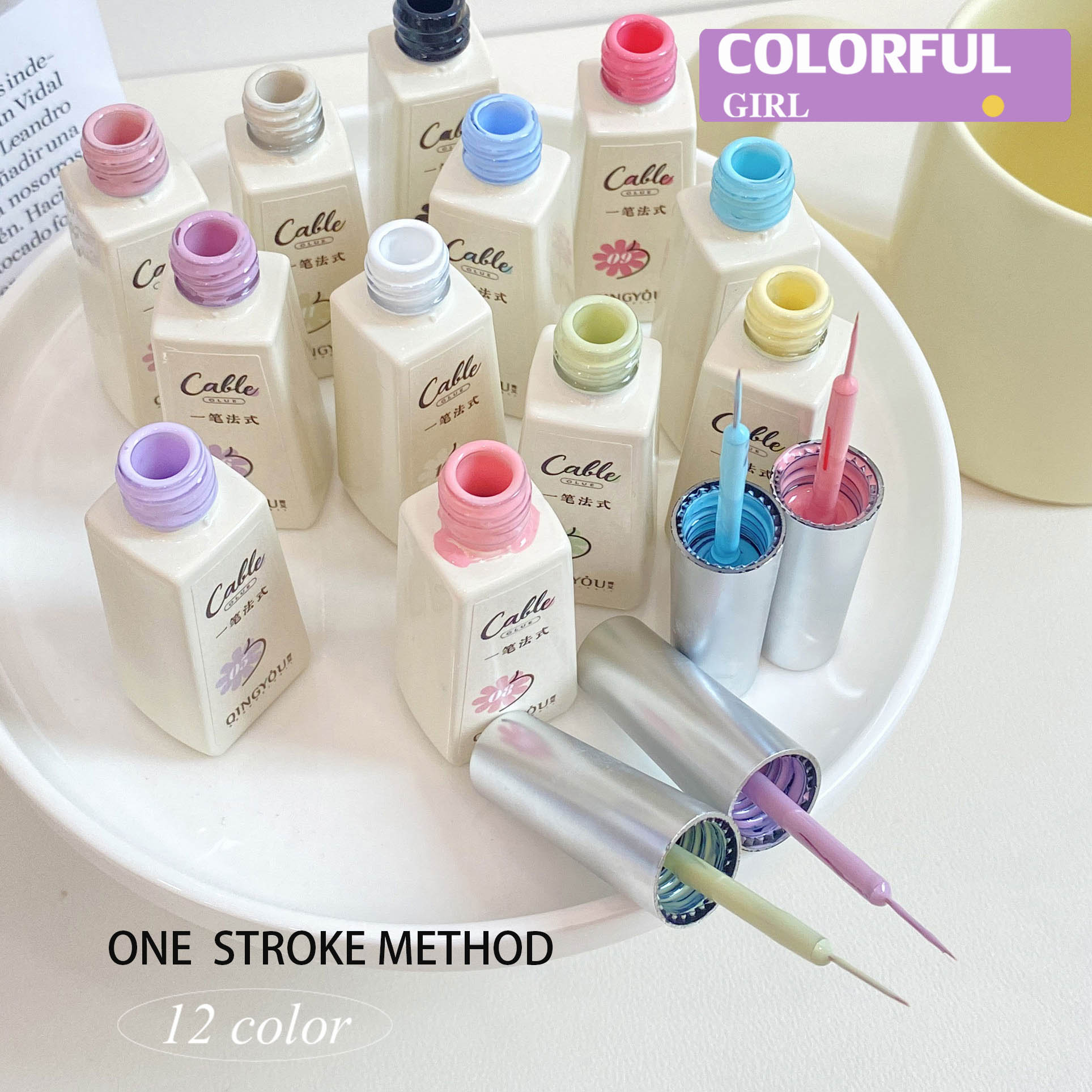 QINGYOU สีเจลแบบไลน์เนอร์  12 สี สีพาสเทล สามารถใช้เพ้นท์ ลากเส้น หรือเฟร้นซ์ปลายเล็บ ได้