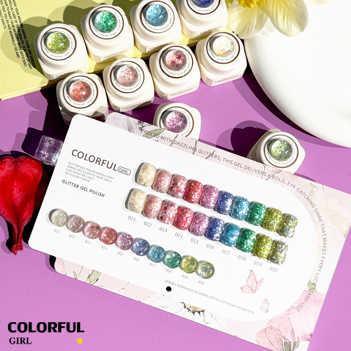 COLORFUL GIRL สีเจล 30 สี (ประกอบด้วย 10 สีเจลกลิตเตอร์ + 10 สีเจลแคทอายเนื้อซาติน + 10 สีเจลแฟลช)  มีแบบแยกขาย