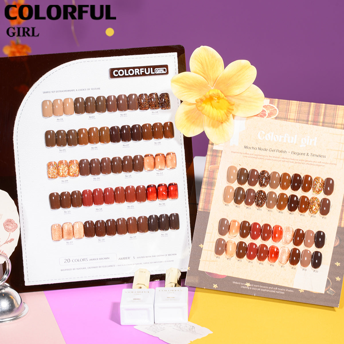 "Colorful Girl โทนสีน้ำตาลนม/มอคค่า ✨ 20 สีครบเซ็ต｜รวมหลายเนื้อเจล (สีพื้น/ไซรัป/แฟลช/แคทอาย) ลุคละมุนหรู ดูเรียบหรูมีสไตล์ 💖 (แถมชาร์ทสี พร้อมใช้งาน)"