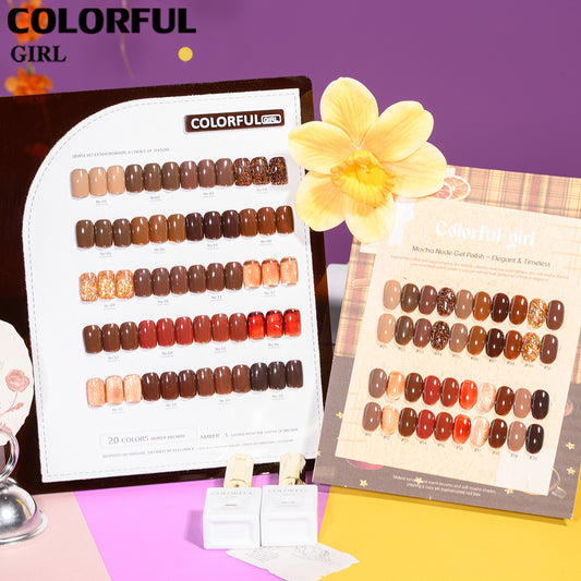 "Colorful Girl โทนสีน้ำตาลนม/มอคค่า ✨ 20 สีครบเซ็ต｜รวมหลายเนื้อเจล (สีพื้น/ไซรัป/แฟลช/แคทอาย) ลุคละมุนหรู ดูเรียบหรูมีสไตล์ 💖 (แถมชาร์ทสี พร้อมใช้งาน)"