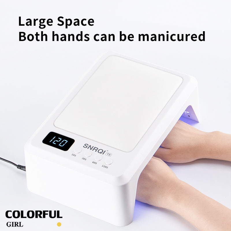 SNRQI/T8 เครื่องอบเล็บ กำลังไฟสูง  72W  พื้นที่กว้าง อบได้สองมือ |  อบแห้งเร็ว สม่ำเสมอ · หลอดไฟ 60 ดวง · ระบบเซนเซอร์อัจฉริยะ มีเบาะรองมือ เครื่องไม่ทำให้มือดำ สีแห้งไว