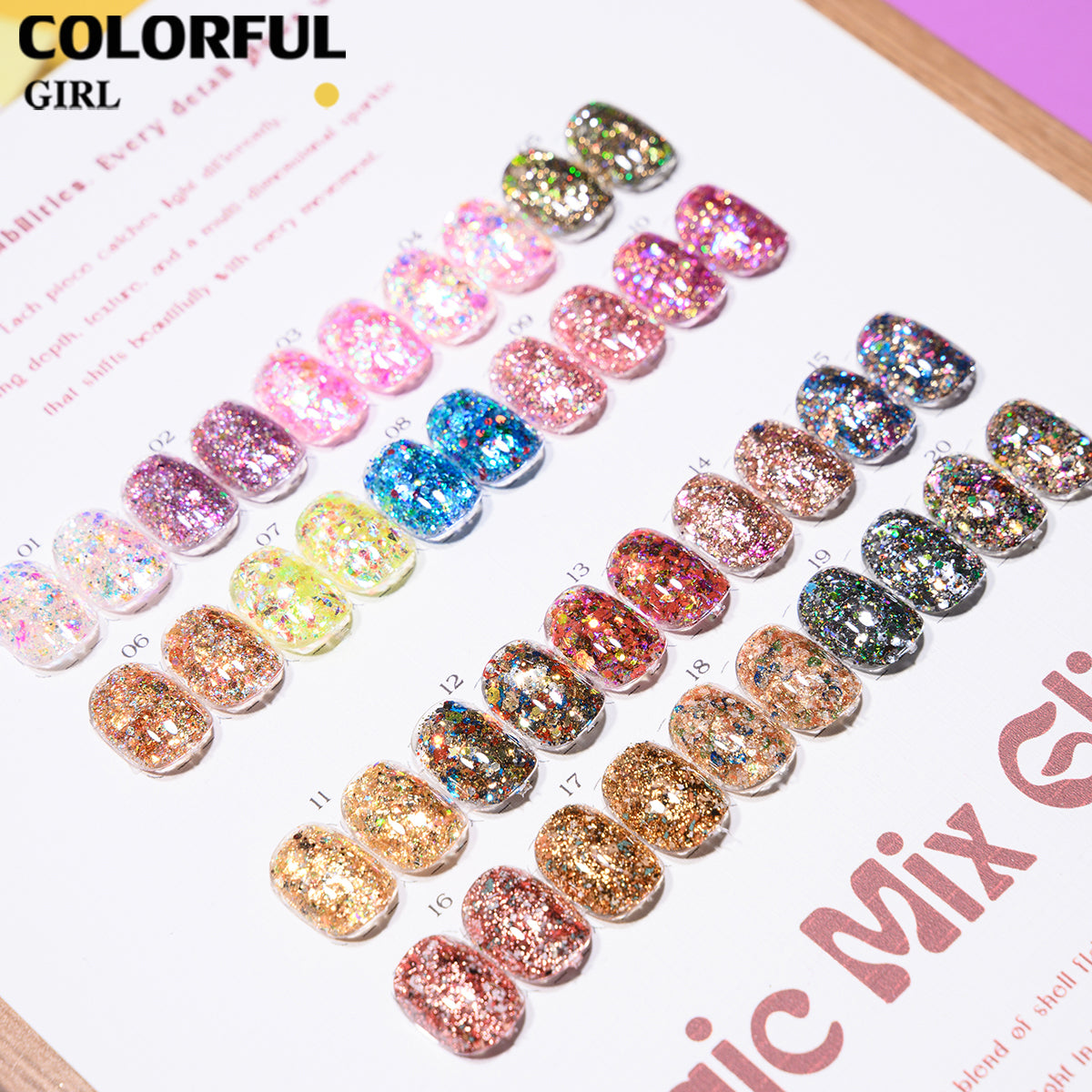 COLORFUL GIRL 20 สี ผงกลิตเตอร์ล็บสูตรพิเศษ  กลิตเตอร์ใหญ่-เล็ก ผสมเปลือกหอย ผงโอปอล ออโรร่า ( ฟรีการ์ดชาร์ทเปล่า )