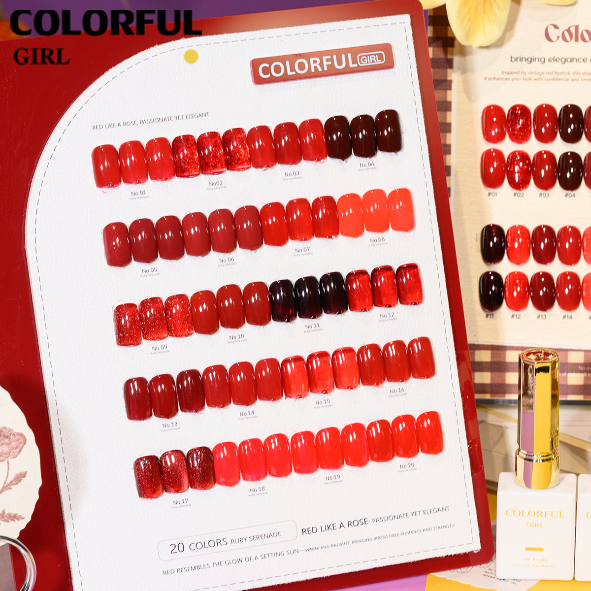 "Colorful Girl โทนสีแดง ✨ 20 สีครบเซ็ต｜รวมหลายเนื้อเจล (สีพื้น/ไซรัป/แฟลช/แคทอาย) ลุคหรูหรา เปล่งประกายดุจดอกกุหลาบ 🌹 (แถมชาร์ทสี พร้อมใช้งาน)"