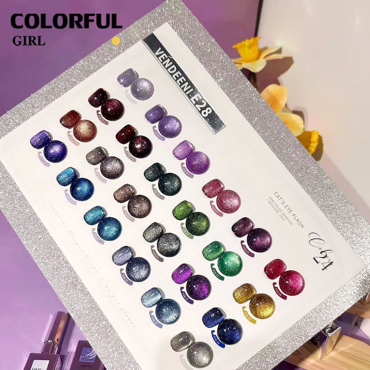 VENDEENI VDN-E28 สีเจลแคทอายประกายเพชร 24สี （แคทอายสูตรนี้มีดีที่กลิตเตอร์! ใส่ผงแฟลชเข้าไป วิบวับขั้นสุด） ฟรีชาร์ทสี