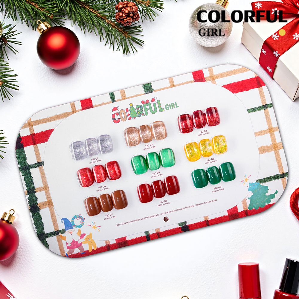 【พร้อมส่ง】🎄Colorful Girl เซ็ตเจลคริสต์มาส 9 สี✨ สีเจลกากเพชรวิ้งแน่น เจลแฟลช เจลแคทอาย เจลกลิตเตอร์ เนื้อซาติน สีสวยหรูหรา เหมาะสำหรับเทศกาลคริสต์มาส 💅 แถมฟรีชาร์ตสี