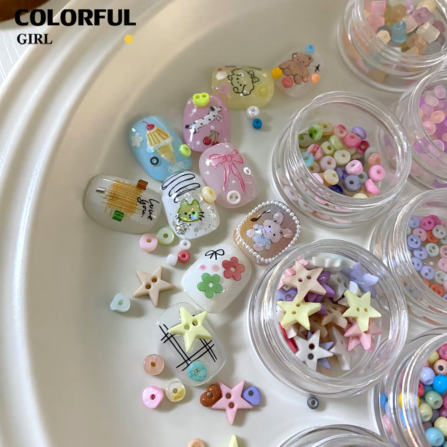FUN BEADS สไตล์เกาหลี อิน ด้ายสีเค้กริบบิ้นริบบิ้นอุปกรณ์แต่งเล็บน่ารักผสมสีรูปพิเศษน้ําตาลเข็มสีถั่วเครื่องปั้นดินเผานุ่มเครื ลูกปัดตกแต่งเล็บ funbeads พร้อมส่งในไทย