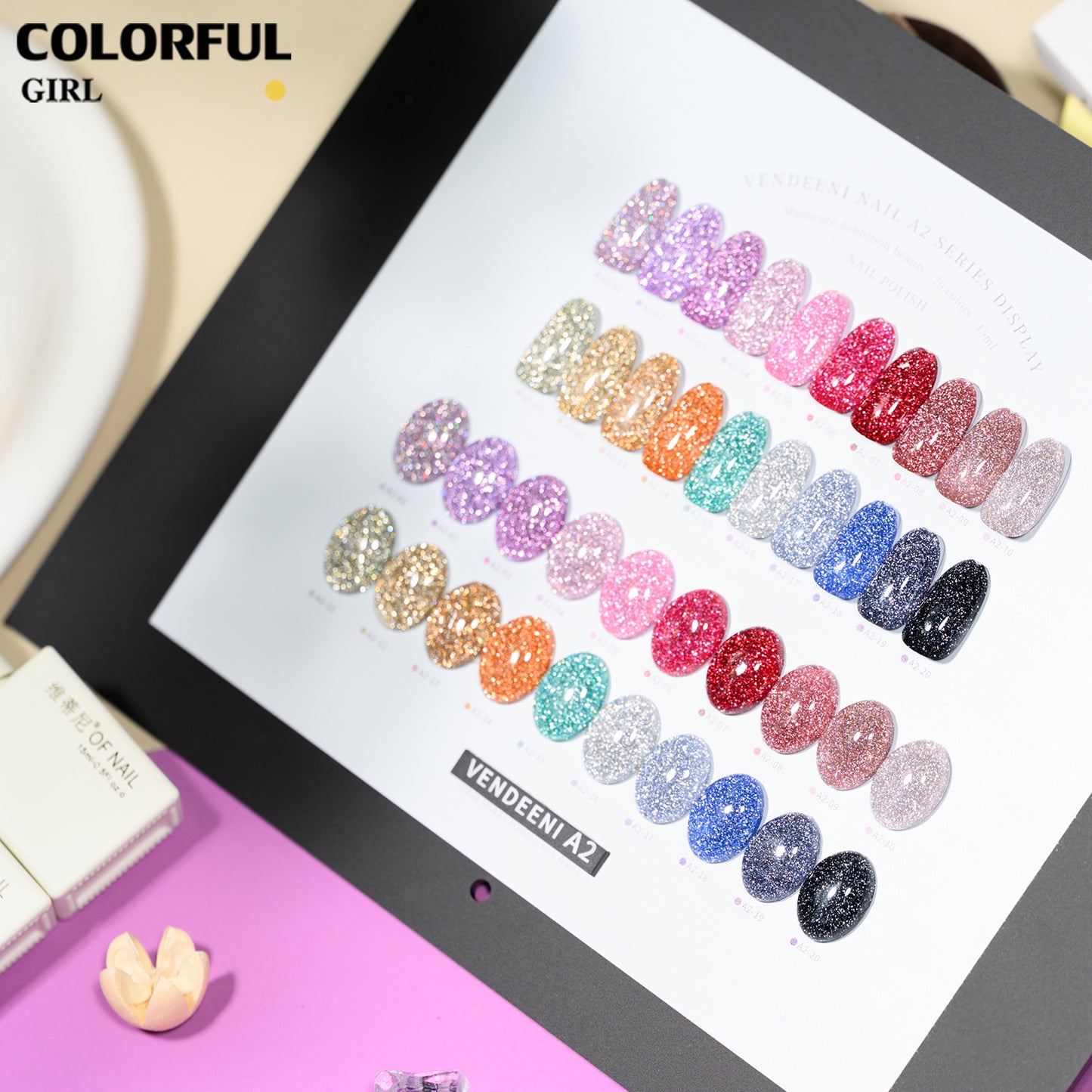 【พร้อมส่ง】สีเจลแฟลช   สเปกตรัมแห่งประกายแสง · Vendeeni A2 Color Chart VENDEENI   สีเจลแฟลช 20สี (《VENDEENI A2》)สีเจลทาเล็บ สี แถม ชาร์ทสี ยาทาเล็บเจล  ชุดสี 20สี + ฟรีชาร์ทสี  ประกายแสงหลากมิติ ที่สะท้อนบนปลายนิ้ว