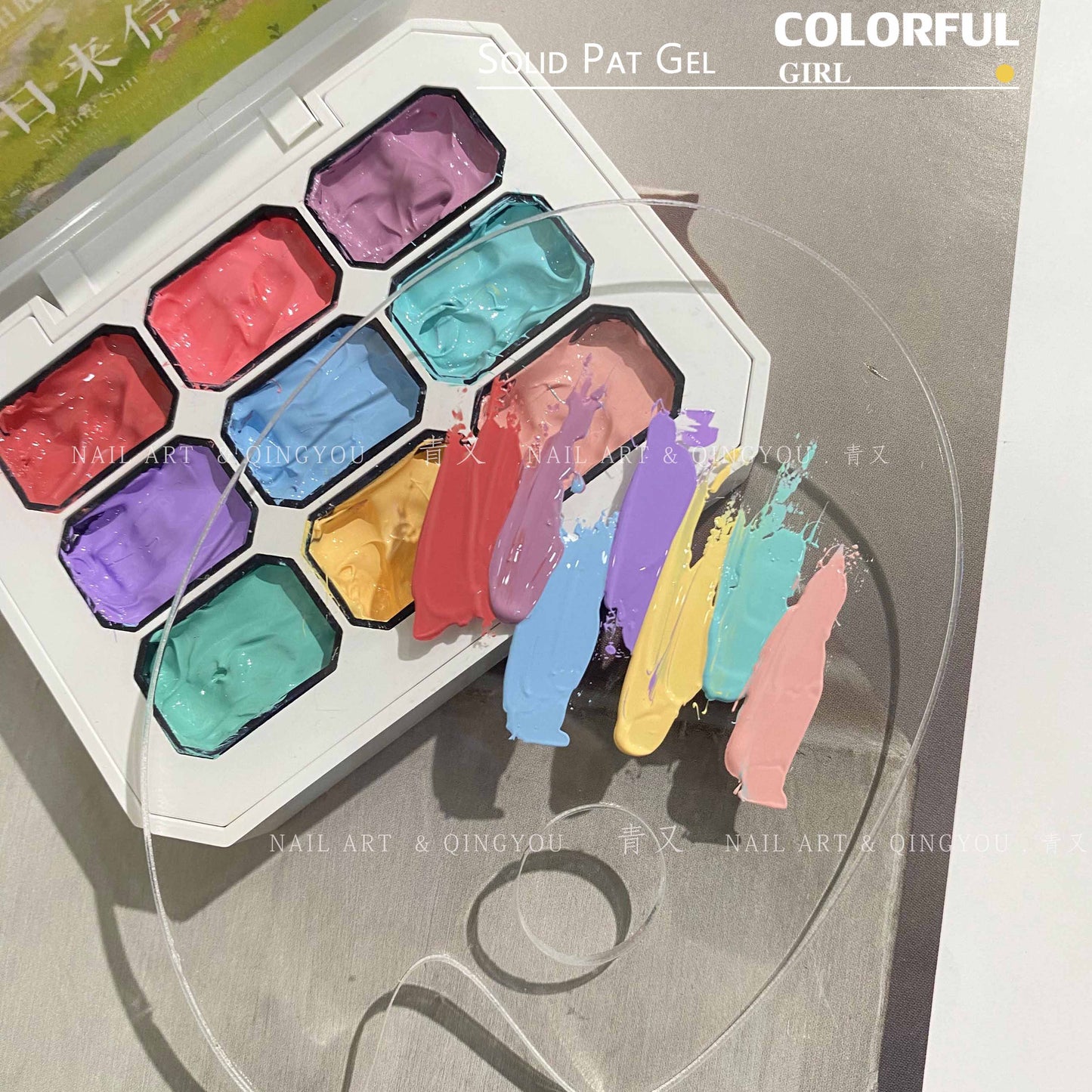 QINGYOU เล็บเจล 1 ชิ้น ใหม่Solid Pat Gel 9-square series หลากสี  แถมพาเลตอะคริลิคใส ยาทาเล็บ, กาวทาสี, ยาทาเล็บสีทึบ