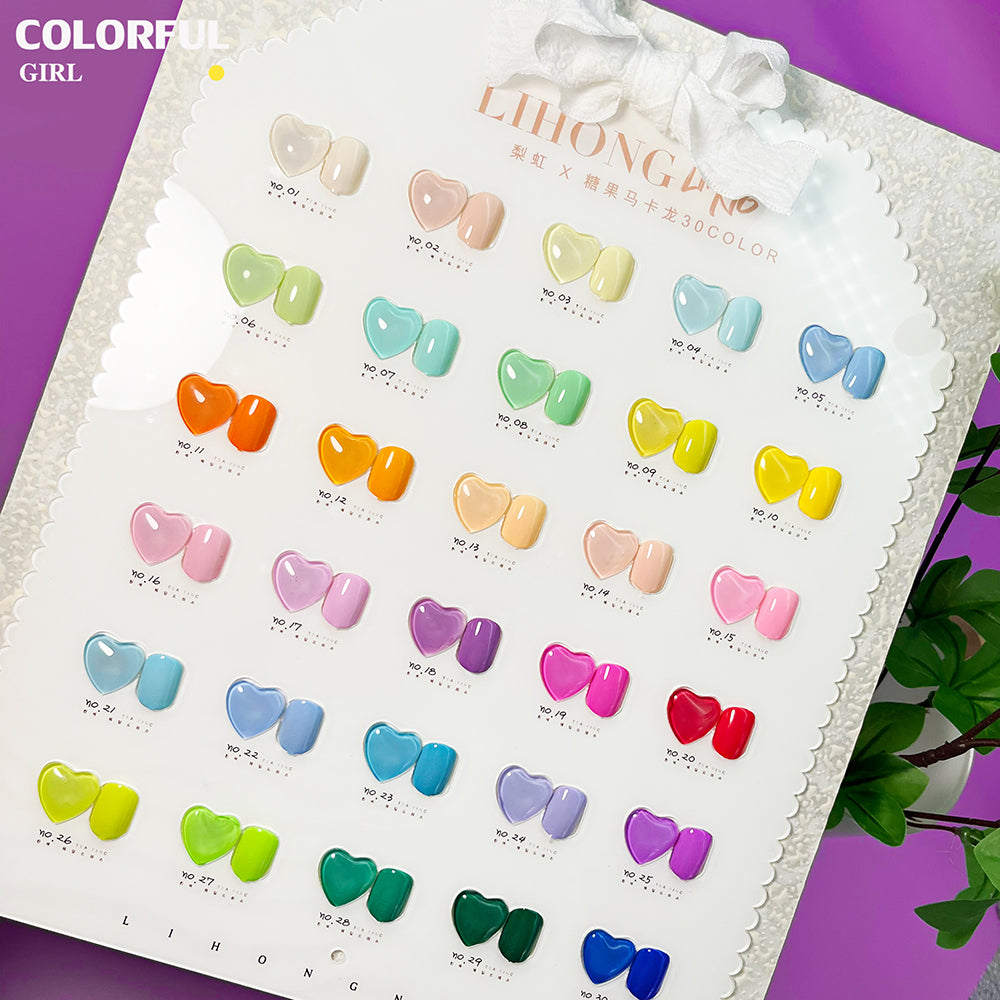 LIHONG 30 สี 1 ชาต( ขนาด 15ml) พร้อมชาร์ทโชว์ มาการองสี 30 สี สีเจล LIHONG   สีเจลสีพื้น