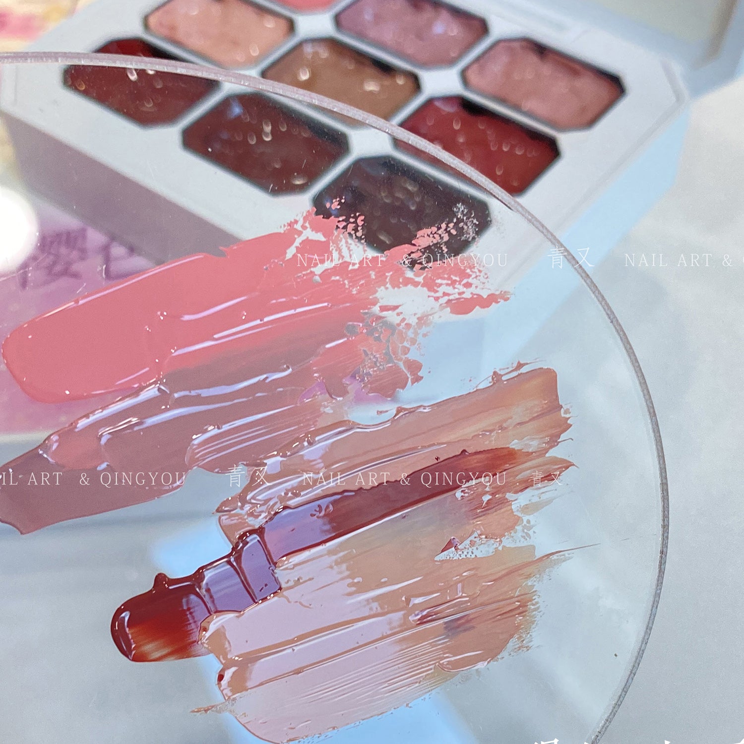 QINGYOU สีชมพู เล็บเจล 1 ชิ้น ใหม่Solid Pat Gel 9-square series หลากสี  แถมพาเลตอะคริลิคใส ยาทาเล็บ, กาวทาสี, ยาทาเล็บสีทึบ