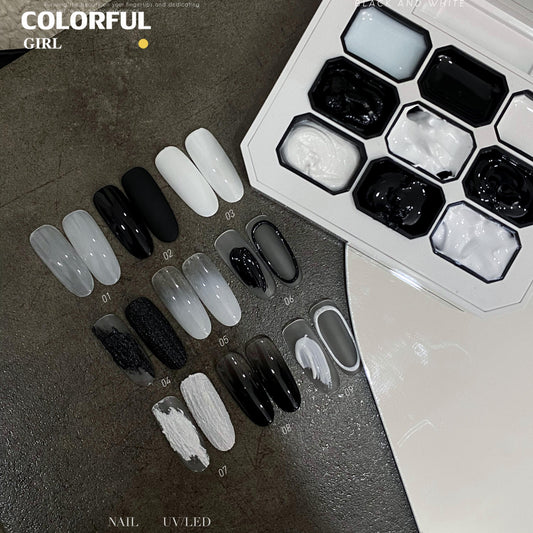 DZZTELIN จานสีเจลทาเล็บแบบแข็ง โทนขาวดำ พาเลท 9 ช่อง เจลสำหรับร้านทำเล็บ สีทน ไม่ลอกง่าย สำหรับลงสีพื้น วาดเส้น เบลนสี ทำเล็บโทนขาวดำ