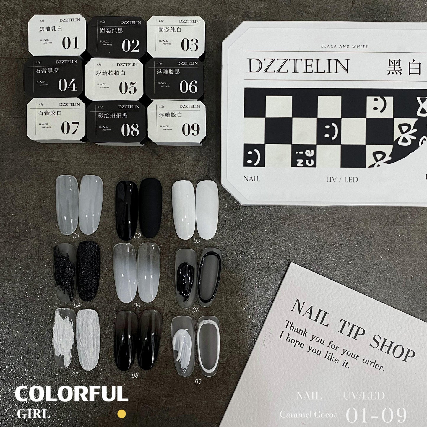 DZZTELIN จานสีเจลทาเล็บแบบแข็ง โทนขาวดำ พาเลท 9 ช่อง เจลสำหรับร้านทำเล็บ สีทน ไม่ลอกง่าย สำหรับลงสีพื้น วาดเส้น เบลนสี ทำเล็บโทนขาวดำ
