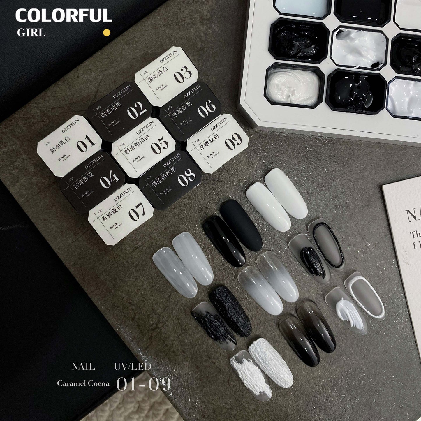 DZZTELIN จานสีเจลทาเล็บแบบแข็ง โทนขาวดำ พาเลท 9 ช่อง เจลสำหรับร้านทำเล็บ สีทน ไม่ลอกง่าย สำหรับลงสีพื้น วาดเส้น เบลนสี ทำเล็บโทนขาวดำ