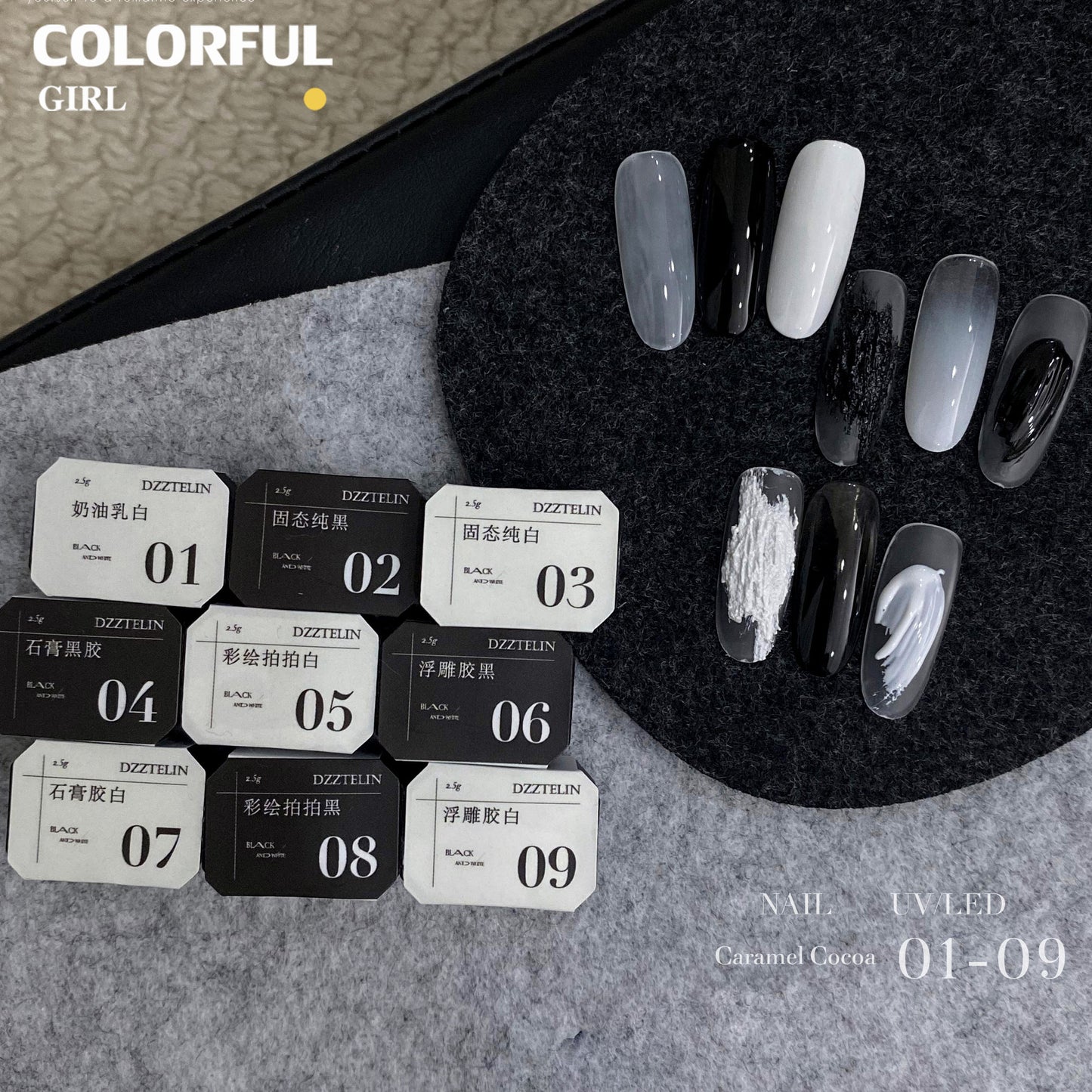 DZZTELIN จานสีเจลทาเล็บแบบแข็ง โทนขาวดำ พาเลท 9 ช่อง เจลสำหรับร้านทำเล็บ สีทน ไม่ลอกง่าย สำหรับลงสีพื้น วาดเส้น เบลนสี ทำเล็บโทนขาวดำ