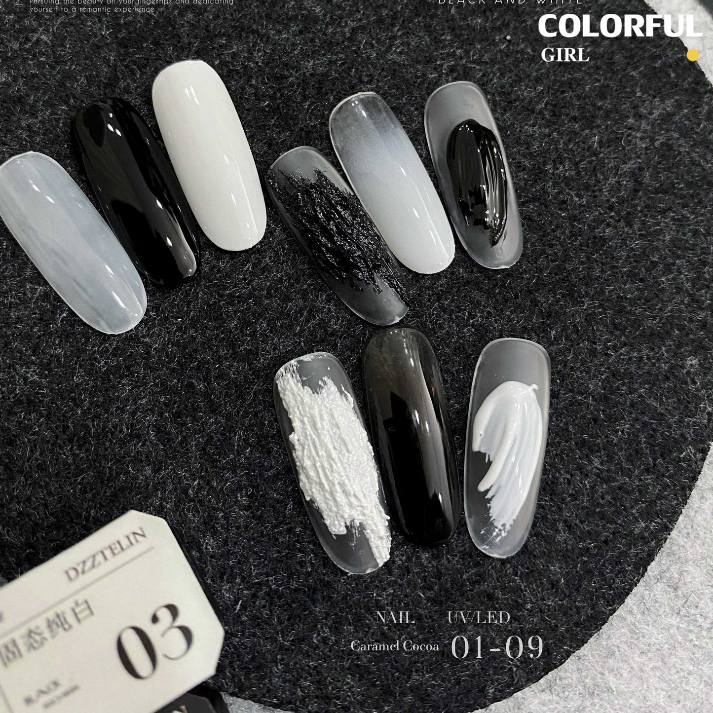 DZZTELIN จานสีเจลทาเล็บแบบแข็ง โทนขาวดำ พาเลท 9 ช่อง เจลสำหรับร้านทำเล็บ สีทน ไม่ลอกง่าย สำหรับลงสีพื้น วาดเส้น เบลนสี ทำเล็บโทนขาวดำ