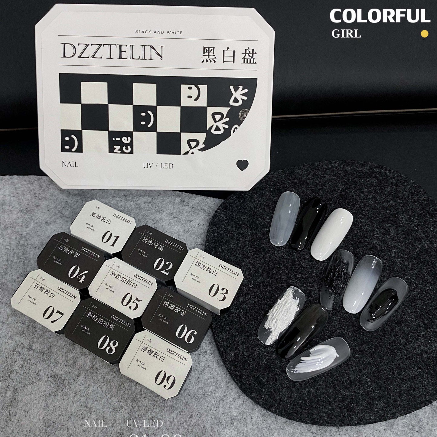 DZZTELIN จานสีเจลทาเล็บแบบแข็ง โทนขาวดำ พาเลท 9 ช่อง เจลสำหรับร้านทำเล็บ สีทน ไม่ลอกง่าย สำหรับลงสีพื้น วาดเส้น เบลนสี ทำเล็บโทนขาวดำ