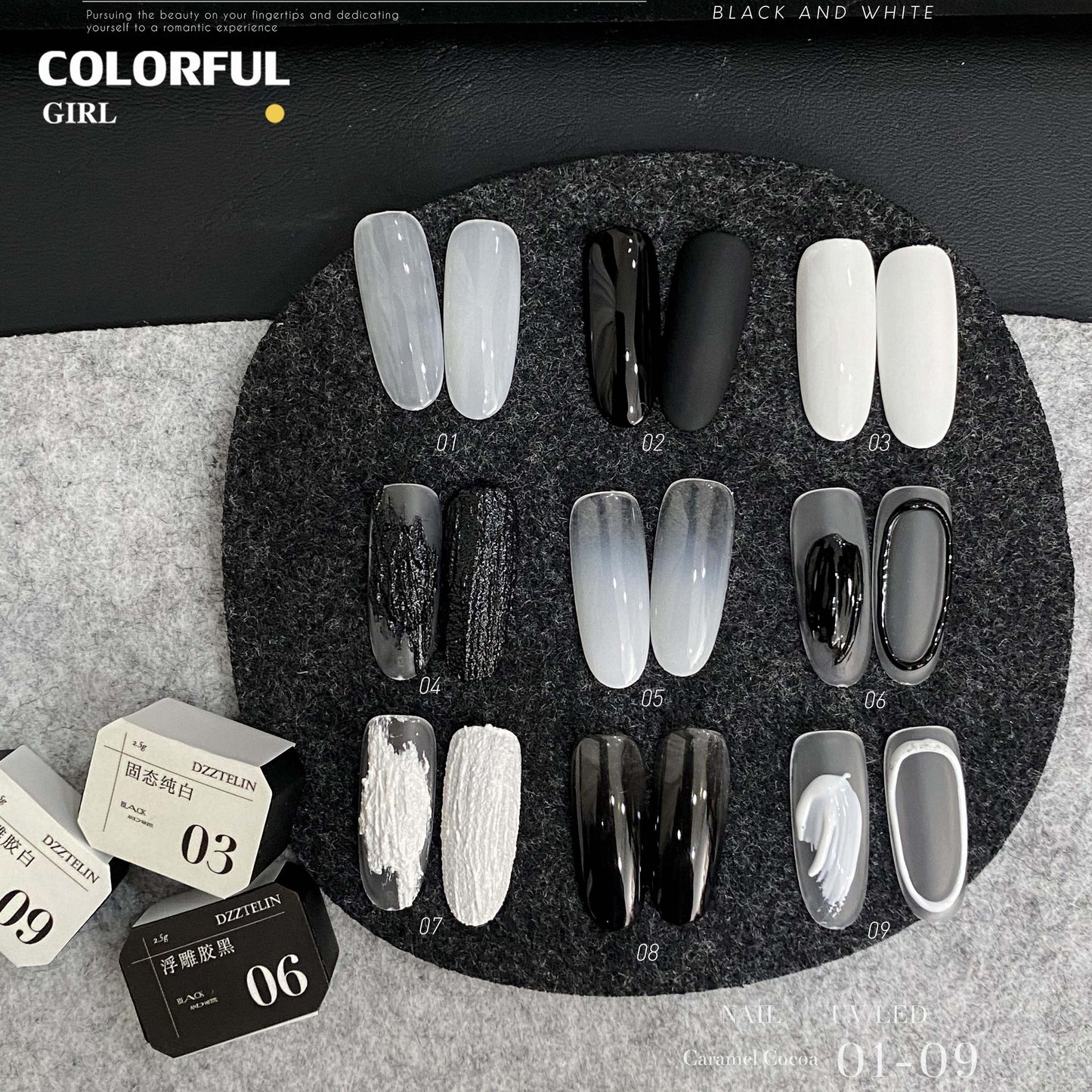 DZZTELIN จานสีเจลทาเล็บแบบแข็ง โทนขาวดำ พาเลท 9 ช่อง เจลสำหรับร้านทำเล็บ สีทน ไม่ลอกง่าย สำหรับลงสีพื้น วาดเส้น เบลนสี ทำเล็บโทนขาวดำ