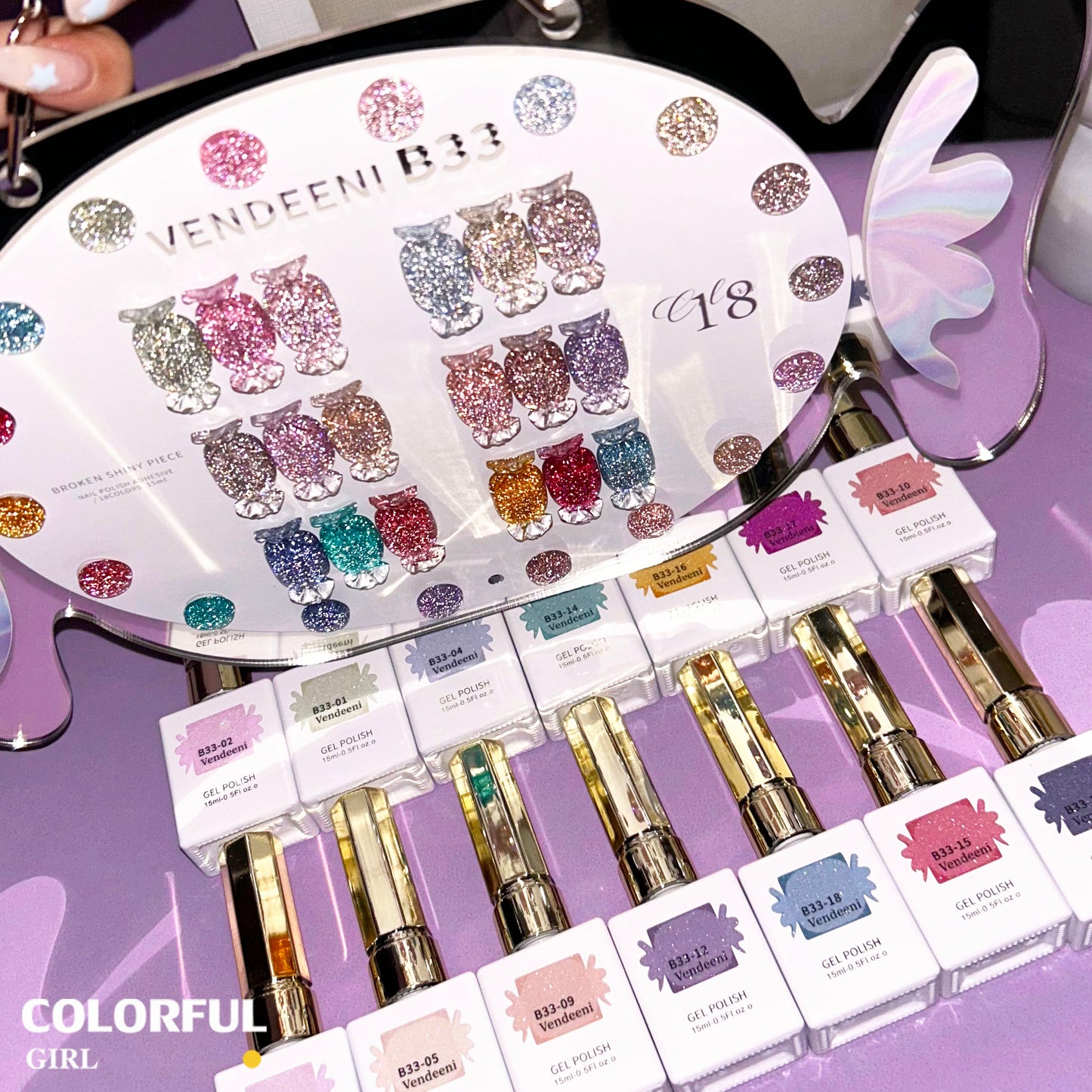 "【พร้อมส่ง】✨สีเจลแฟลช VENDEENI VDN-B33 สีเจลเพชร 18 สี✨ เงางามระยิบระยับเหมือนเพชร 💎 เม็ดสีแน่น ชัดเจน ติดทนนาน (ทามาให้แล้ว พร้อมใช้งานทันทีค่ะ 💅)
