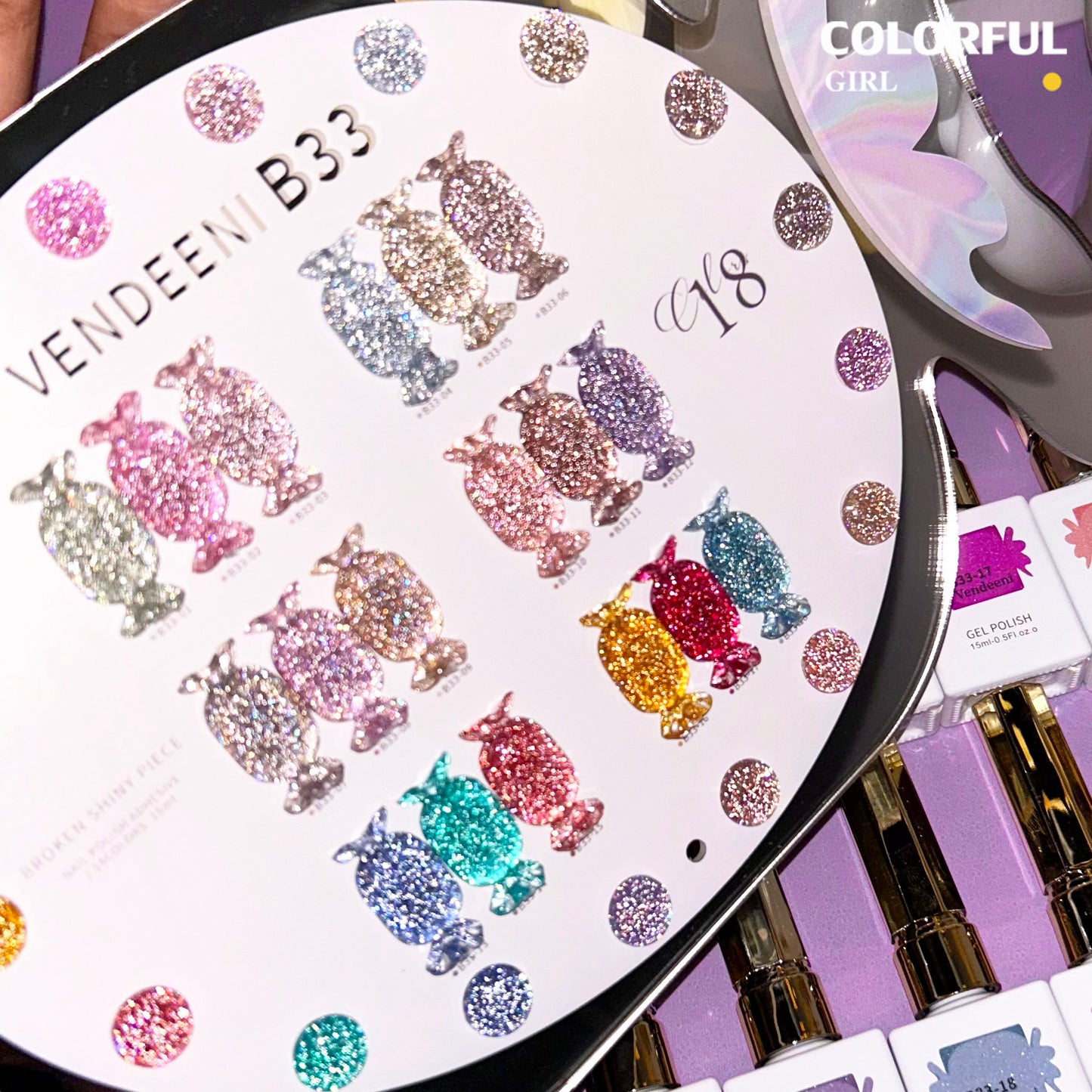 "【พร้อมส่ง】✨สีเจลแฟลช VENDEENI VDN-B33 สีเจลเพชร 18 สี✨ เงางามระยิบระยับเหมือนเพชร 💎 เม็ดสีแน่น ชัดเจน ติดทนนาน (ทามาให้แล้ว พร้อมใช้งานทันทีค่ะ 💅)