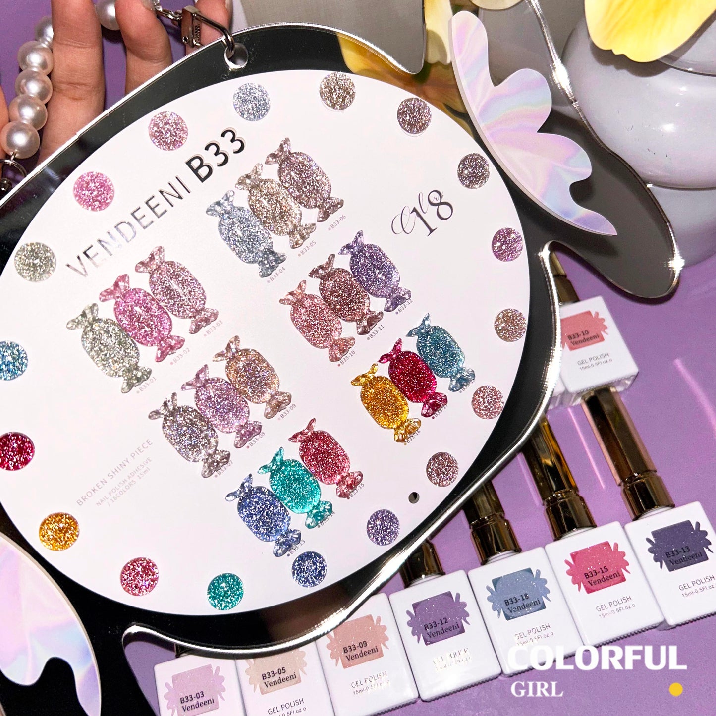 "【พร้อมส่ง】✨สีเจลแฟลช VENDEENI VDN-B33 สีเจลเพชร 18 สี✨ เงางามระยิบระยับเหมือนเพชร 💎 เม็ดสีแน่น ชัดเจน ติดทนนาน (ทามาให้แล้ว พร้อมใช้งานทันทีค่ะ 💅)