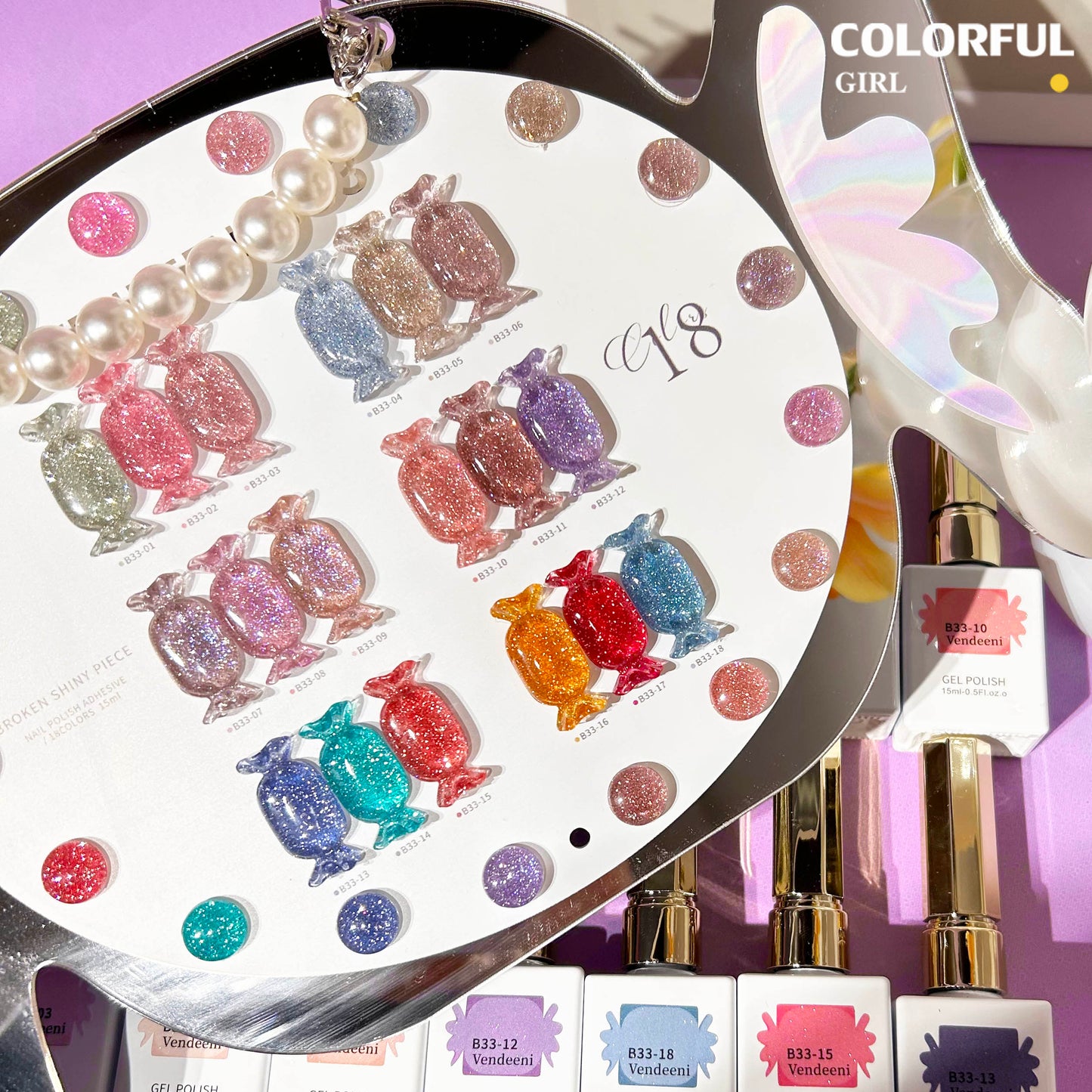 "【พร้อมส่ง】✨สีเจลแฟลช VENDEENI VDN-B33 สีเจลเพชร 18 สี✨ เงางามระยิบระยับเหมือนเพชร 💎 เม็ดสีแน่น ชัดเจน ติดทนนาน (ทามาให้แล้ว พร้อมใช้งานทันทีค่ะ 💅)